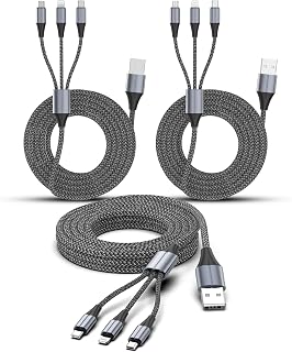 FEEL2NICE 3 in 1 Multi Charging Cable, 3-Pack 6 FT Multiple Device Charger Cord with USB C, Lightning and Micro USB Plugs for iPhone 17 16 15 14, Android Phones and Tablets, Gray