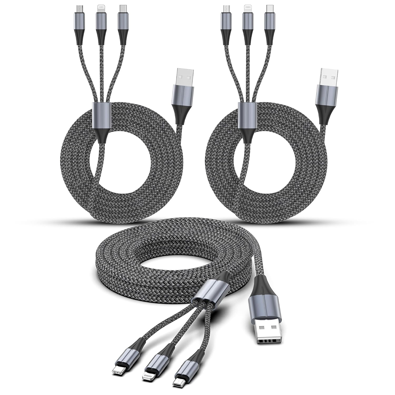 FEEL2NICE 3 in 1 Multi Charging Cable, 3-Pack 6 FT Multiple Device Charger Cord with USB C, Lightning and Micro USB Plugs for iPhone 17 16 15 14, Android Phones and Tablets, Gray