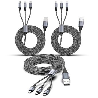 FEEL2NICE 3 in 1 Multi Charging Cable, 3-Pack 6 FT Multiple Device Charger Cord with USB C, Lightning and Micro USB Plugs for iPhone 17 16 15 14, Android Phones and Tablets, Gray