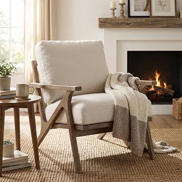 HNY Mid-Century Modern Upholstered Accent Chair, Linen Fabric Armchair with Solid Wood Frame, Comfy Lounge Chair with Removable Pillow, for Living Room, Bedroom, Reading Nook, Beige