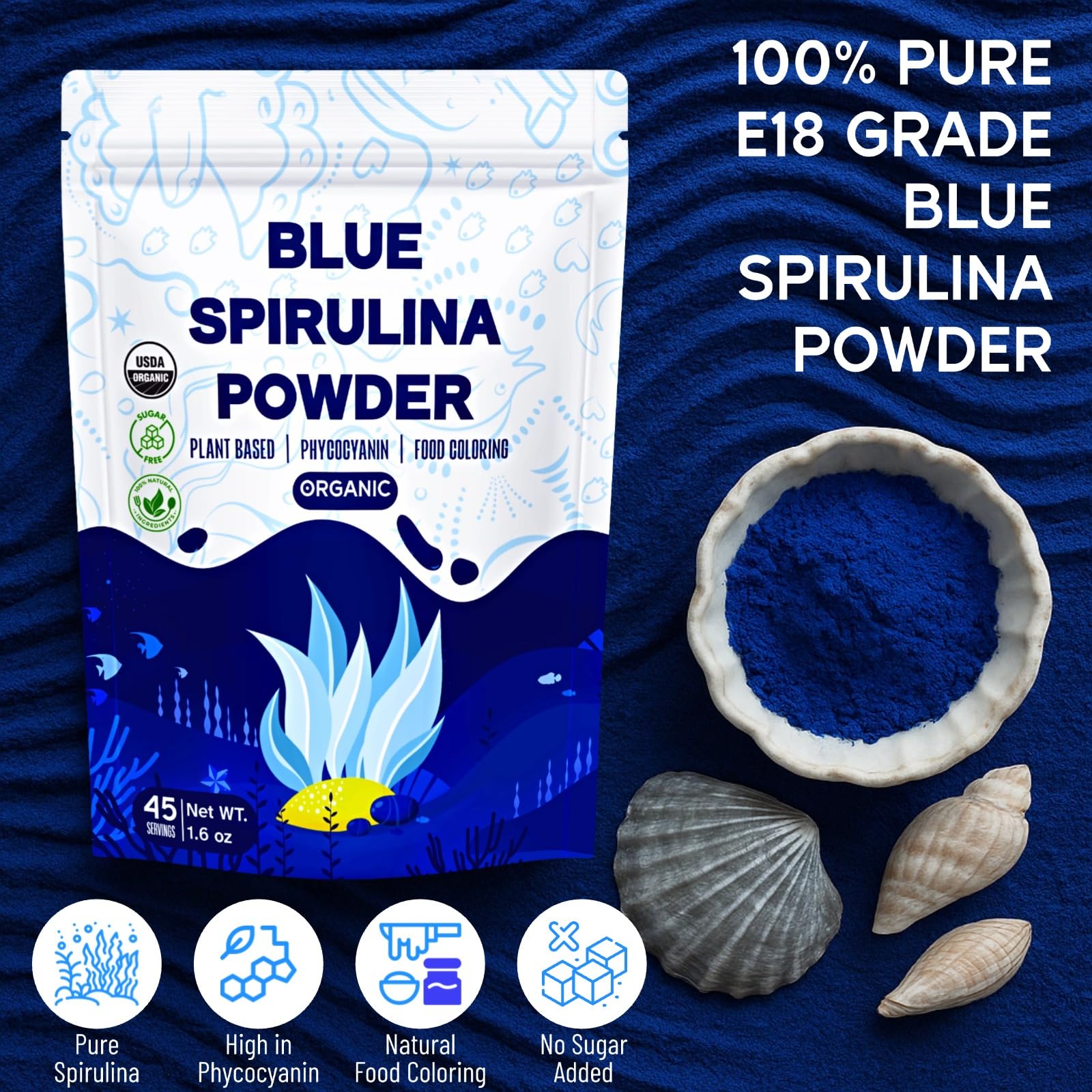 1.6oz Blue Spirulina Powder - 45g Organic Natural Food Coloring from Blue Algae, Vegan & Pure Spirulina Powder, Premium Scoop Bag for Smoothies, Baking, Yogurt, Hawaiian Recipes