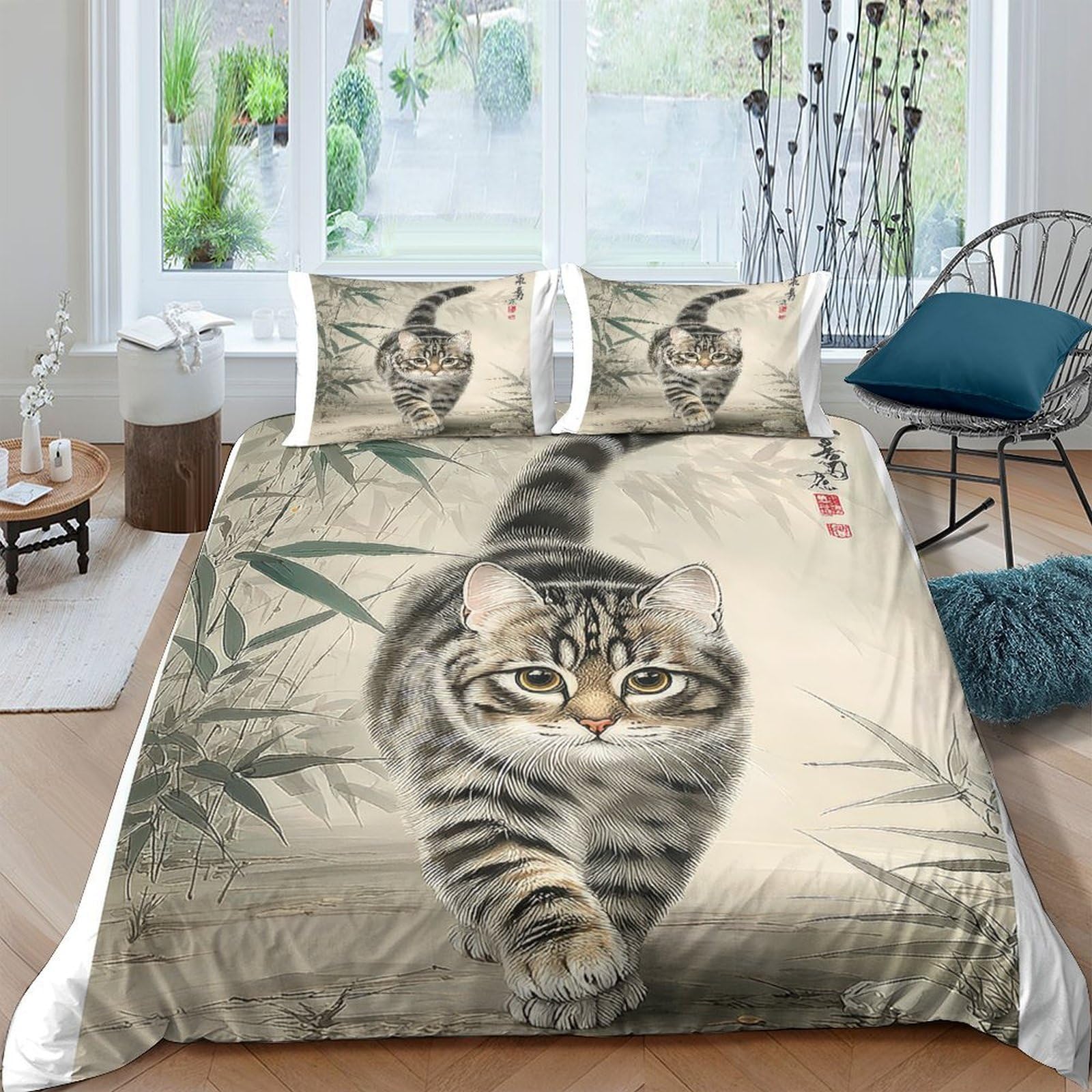 Ctjqhvkz Style-10 3D Printed Tabby Cat Fitted Sheet Microfiber Soft Bedroom Decor Bamboo Leaves Mattress Cover For Home Guest Room Single（135X200cm）