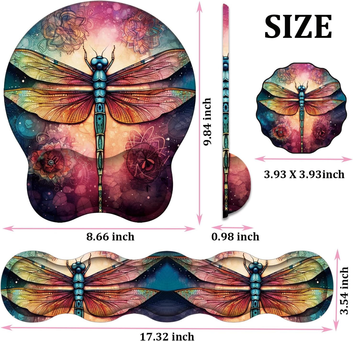 Mouse Wrist Rest and Keyboard Wrist Rest Pad+ Coaster Set, Non-Slip Rubber Base Smooth Surface Ergonomic Gaming Mouse Pad for Easy Typing and Pain Relief, Mandala Dragonfly