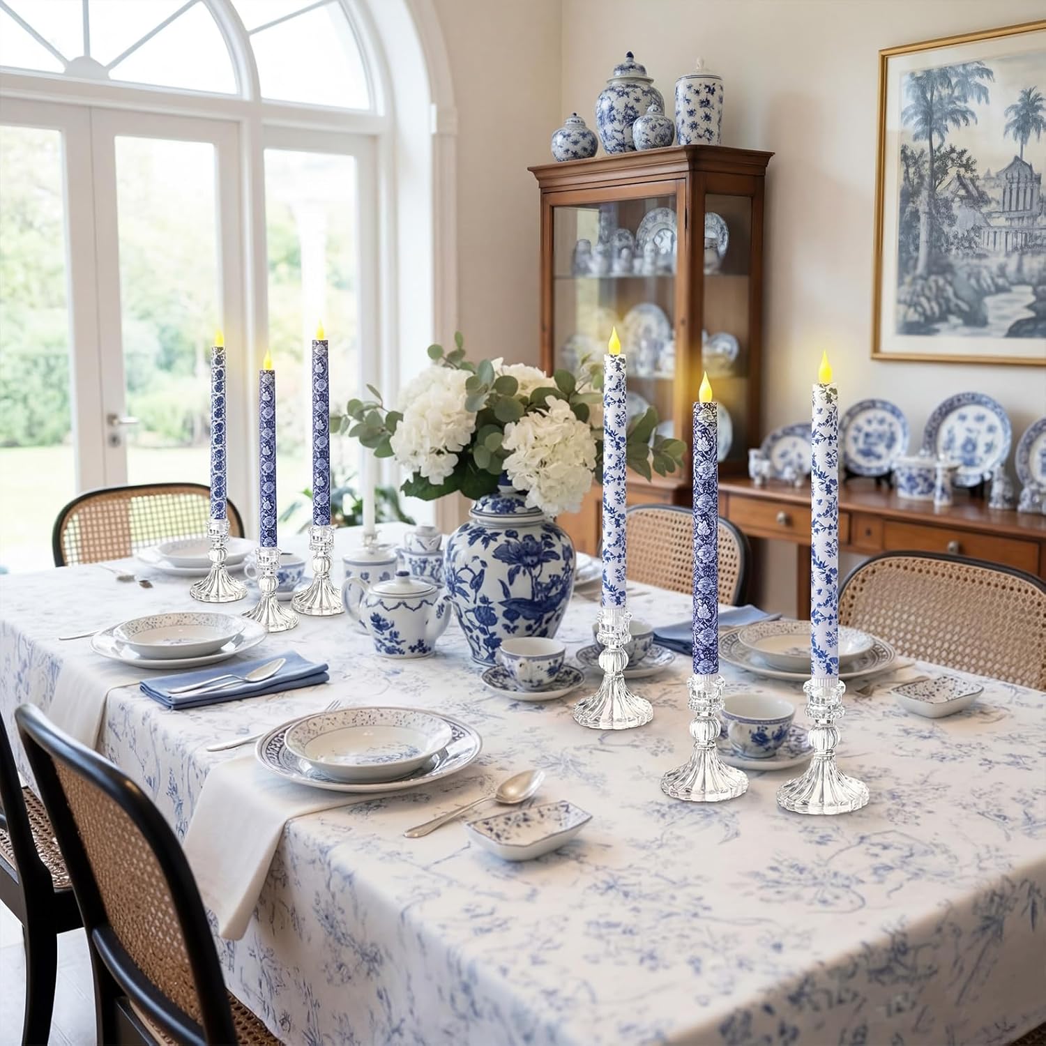 Baquler 6 Pcs Chinoiserie Flameless Candles 10.6 Inch Blue and White Battery Operated Led Candlesticks Chinoiserie Decor Porcelain for Holiday, Wedding, Party Table Centerpiece Home Decor