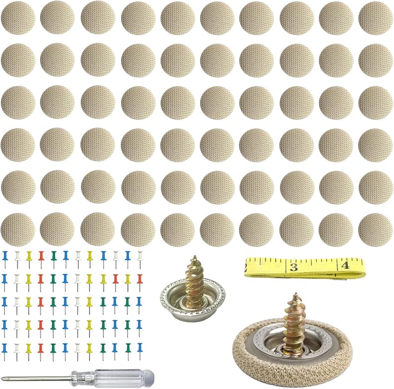 Kit de reparo do forro do teto automotivo Dickno Grid Beige com botões, pinos e ferramentas – 60 peças
