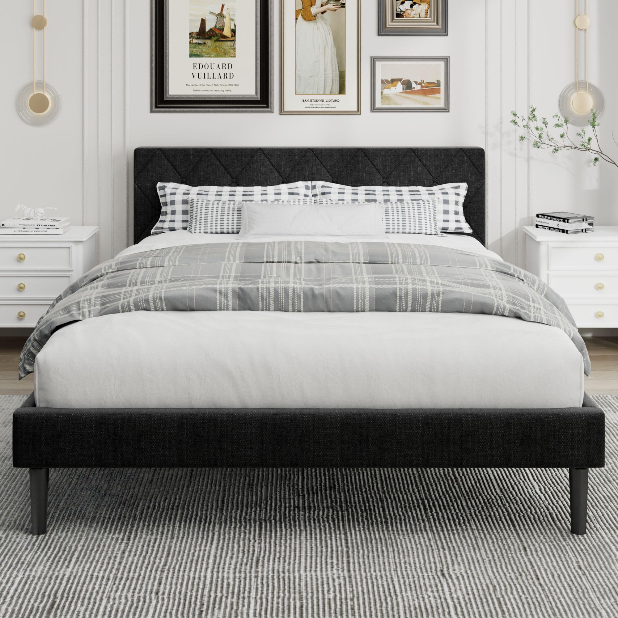 zhongzhou- Queen Bed Frame Linen Wrapping Strong Frame and Wooden Slats Support No Box Spring Needed Non-Slip and Noise-Free-Black Bed Frame(Dark Grey,Queen)
