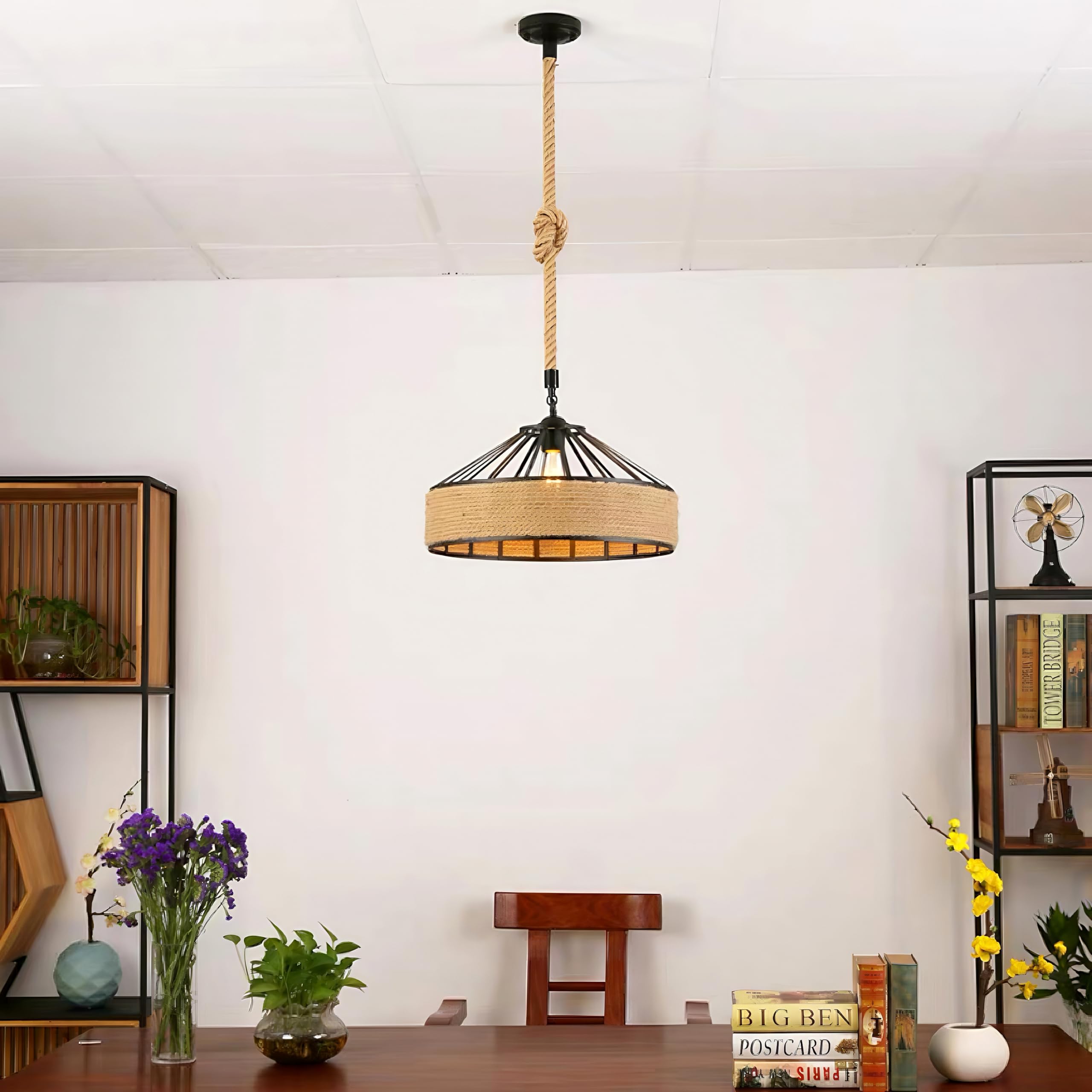 Lámpara colgante rústica Palma - con cordel tejido a mano, orientable 30 cm, casquillo E27, ideal como lámpara de salón o comedor - negra y cuerda