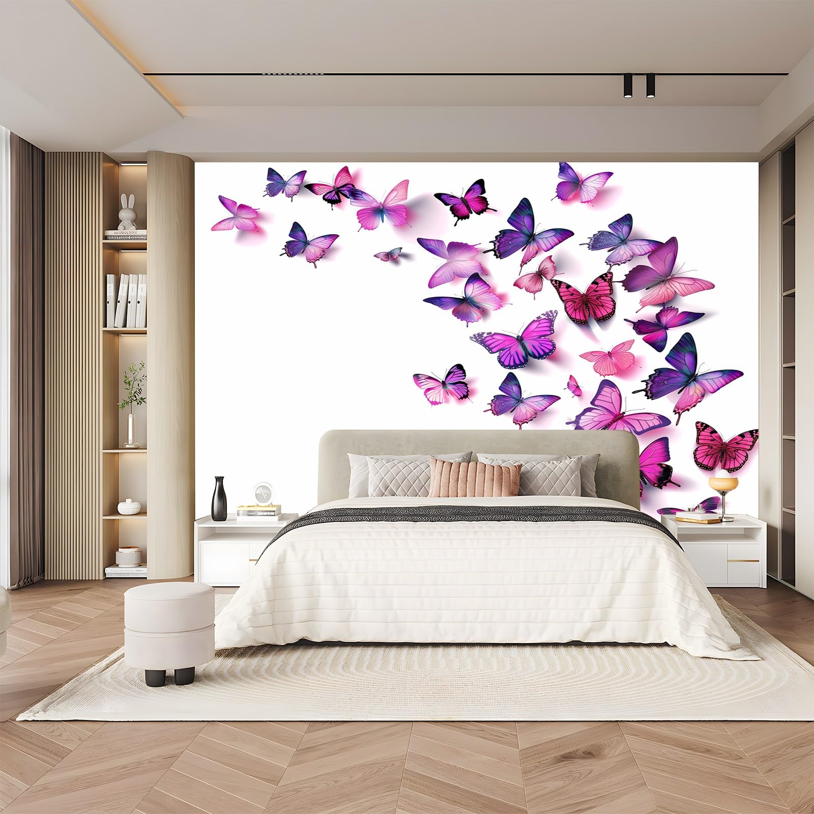 Tapeta ścienna biała fioletowa tapeta z włókniny do sypialni pokoju dziecięcego motyl elegancka kreskówka plakat ścienny 400 x 280 cm