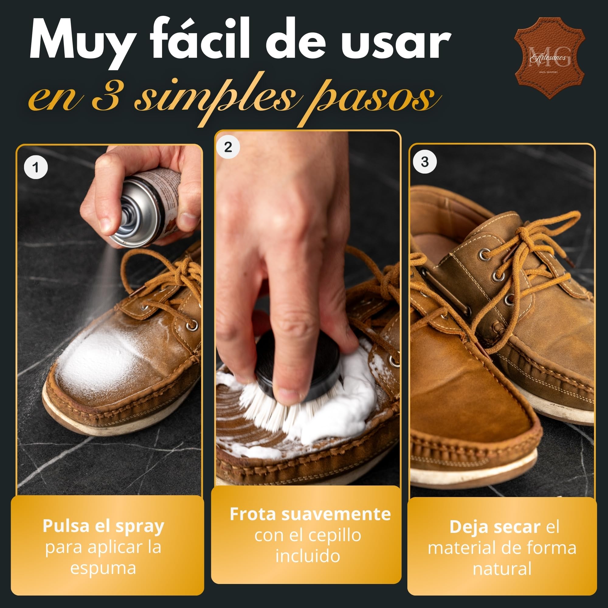 MG ARTESANOS | Spray Limpiador para Ante y Nobuk – Limpieza en Seco para Zapatillas, Botas y Bolsos, Elimina Manchas y Suciedad sin Dañar el Material