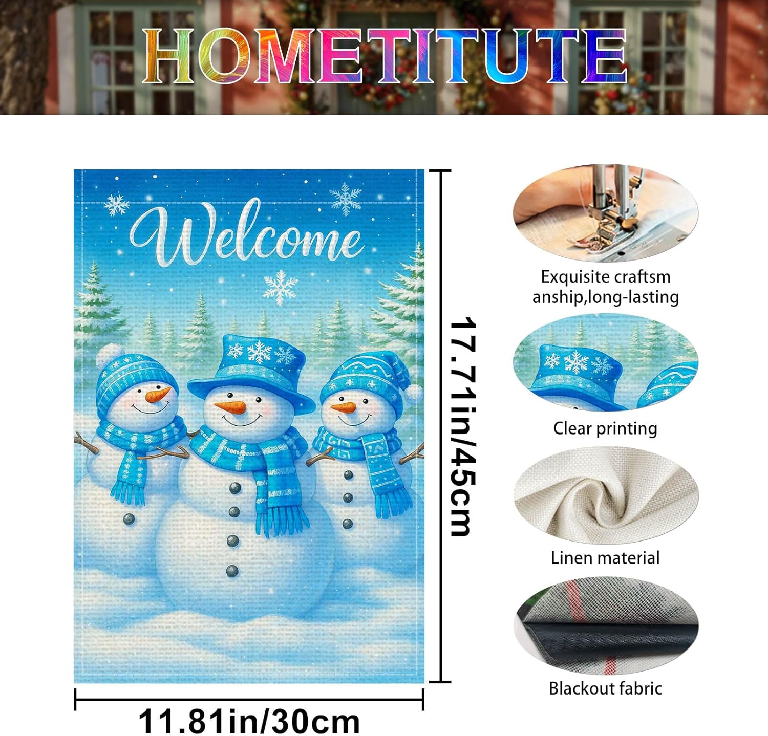 Welcome Christmas Snowman Family Garden Flag Double Sided 12x18 Inch Burlap Winter Garden Flag Blue Hat Seasonal Banner for Indoor and Outdoor Decorations Yard Lawn Decor - Image 4