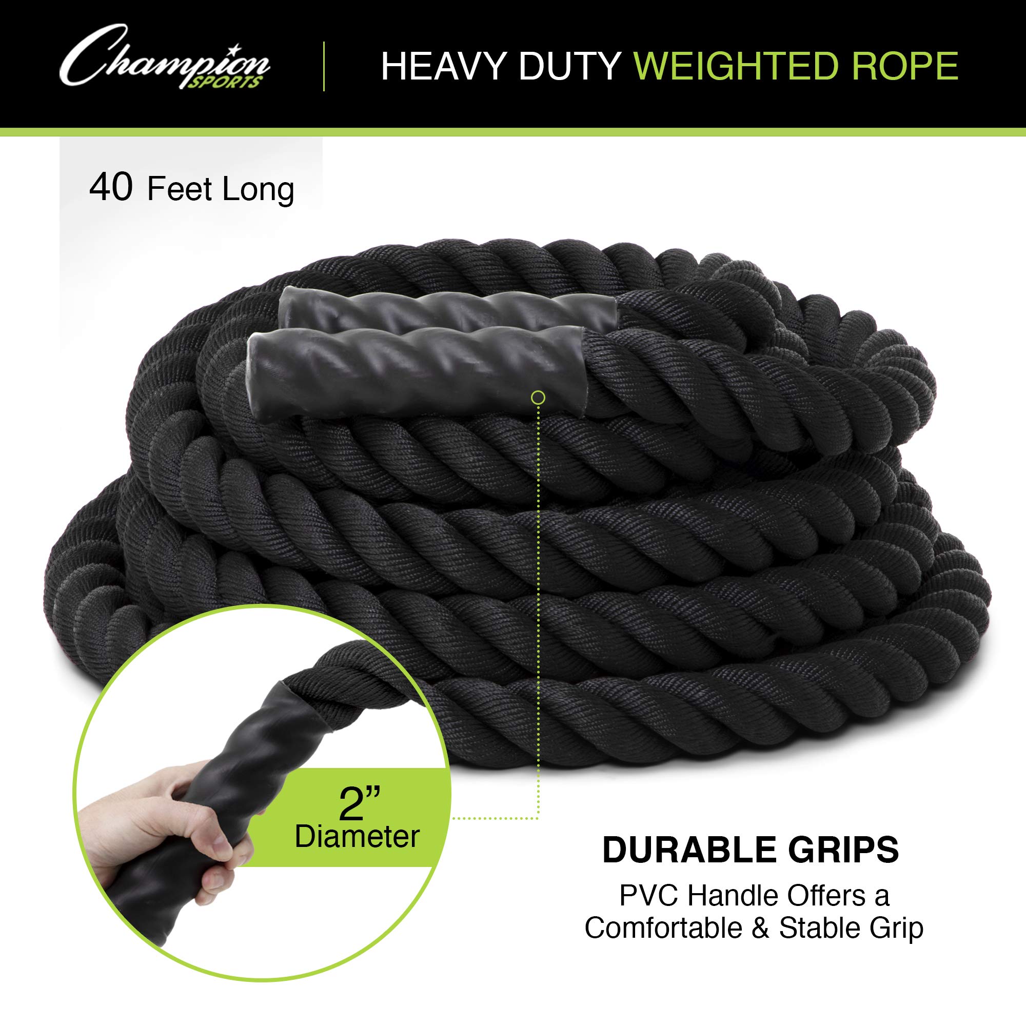 Champion Sports Heavy Training Rope: Rhino Poly Strength & Conditioning Heavy Gym Battle Ropes - Cardio, Cross Training, Weight Training & Crossfit