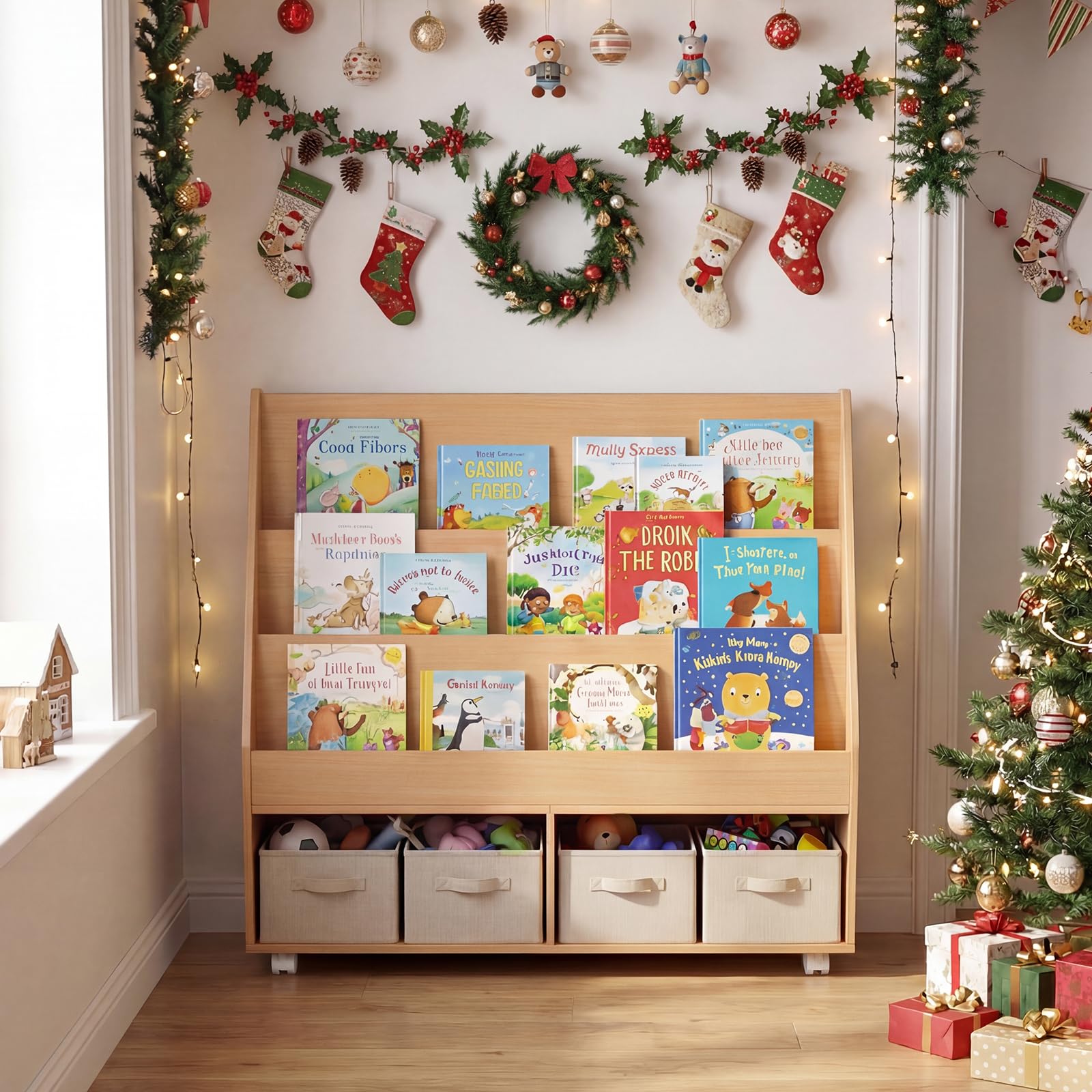 COSTWAY Libreria Montessoriana per Bambini, Scaffale per Giocattoli in Legno con Lavagna e 5 Ruote, Libreria a 3 Ripiani e Scomparti, per Cameretta e Asilo Nido, 90 x 45,5 x 87 cm (Naturale)