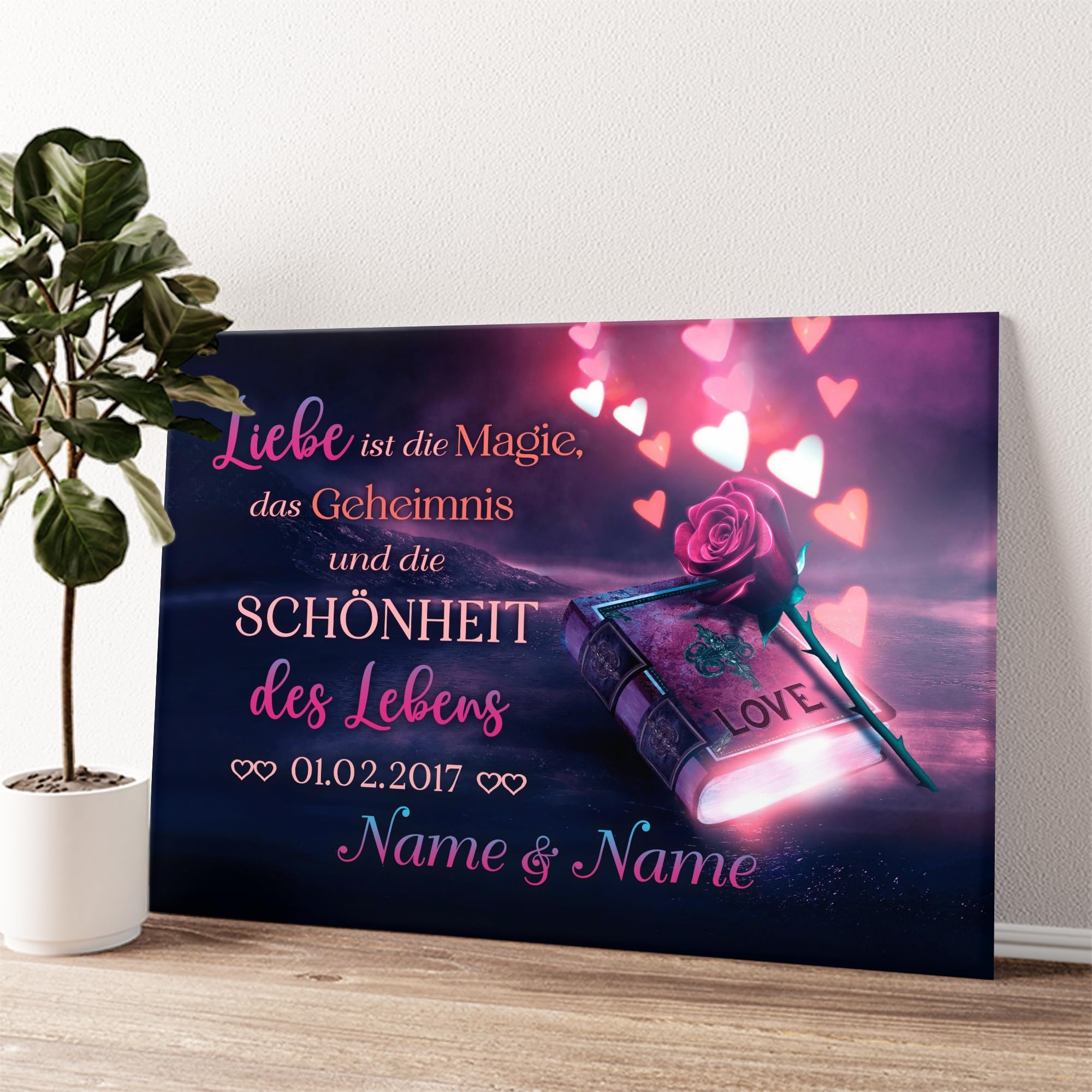 Liebesleinwand Personalisiertes Leinwandbild gestalten | Magie der Liebe | Geschenk zum Jahrestag, Hochzeitstag, Verlobung, Hochzeit | Leinwandbild gestalten mit Namen und Datum