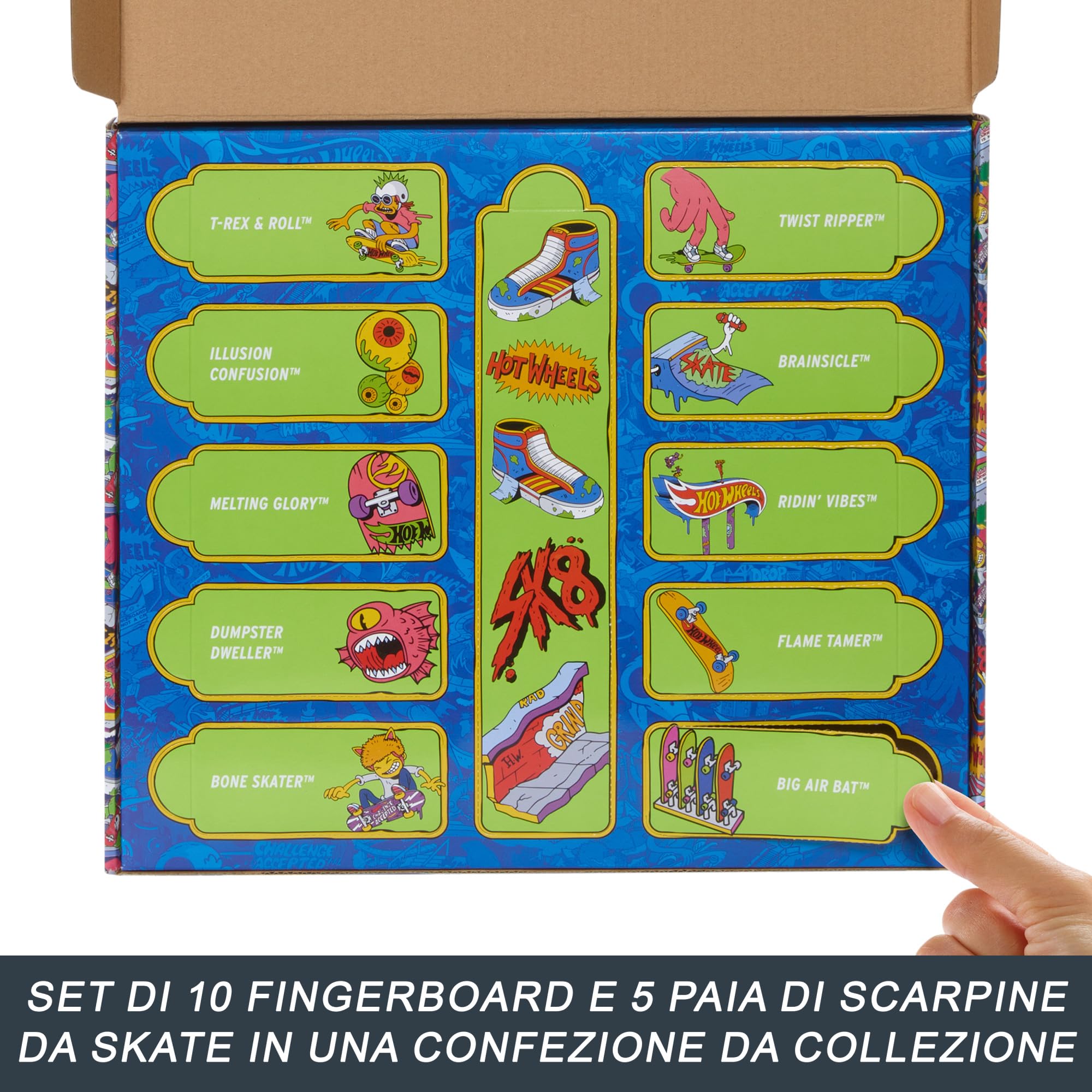 Hot Wheels Skate - Set da 10 fingerboard, include anche 5 paia di scarpine da skate rimovibili, grafiche dettagliate a tema, giocattolo per bambini, 5+ anni, HTP59