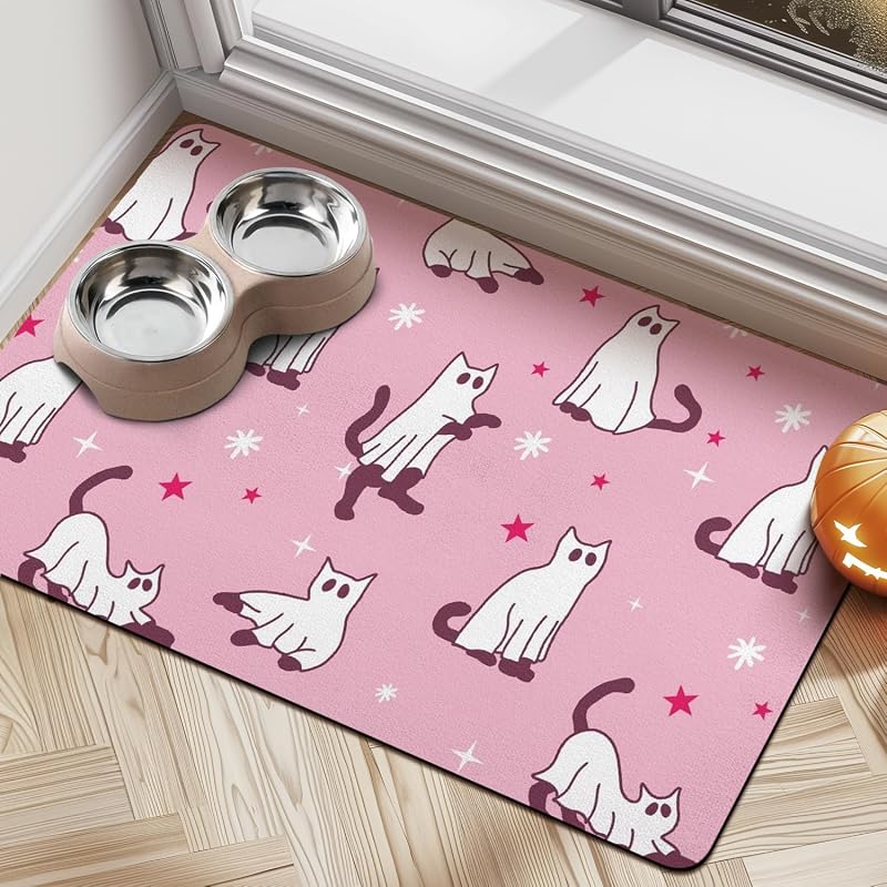Tapete Absorvente para Comedouro de Gatos e Cães com Base Antiderrapante Halloween Rosa Cuslnox Halloween Cat Pink-S