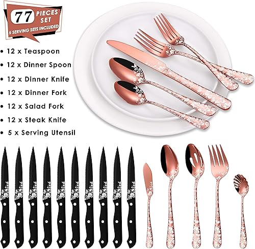 Miniatura 2 de Stapava Juego de cubiertos de oro rosa de 77 piezas para 12, más cuchillo de carne y juego de servir, juego de cubiertos de acero inoxidable,
