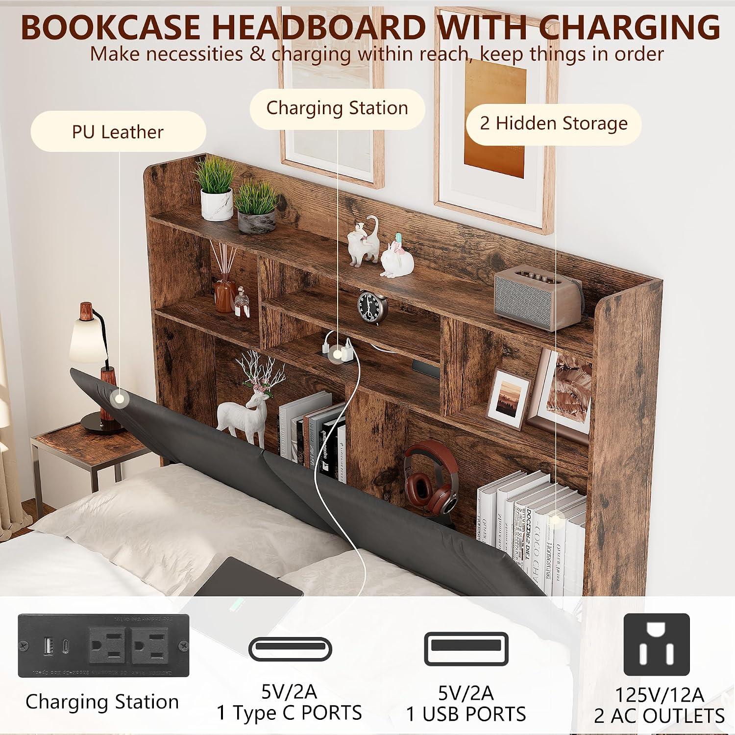 Close-up of the bookcase headboard showing the integrated charging station with Type-C, USB, and AC outlets, along with various storage compartments.
