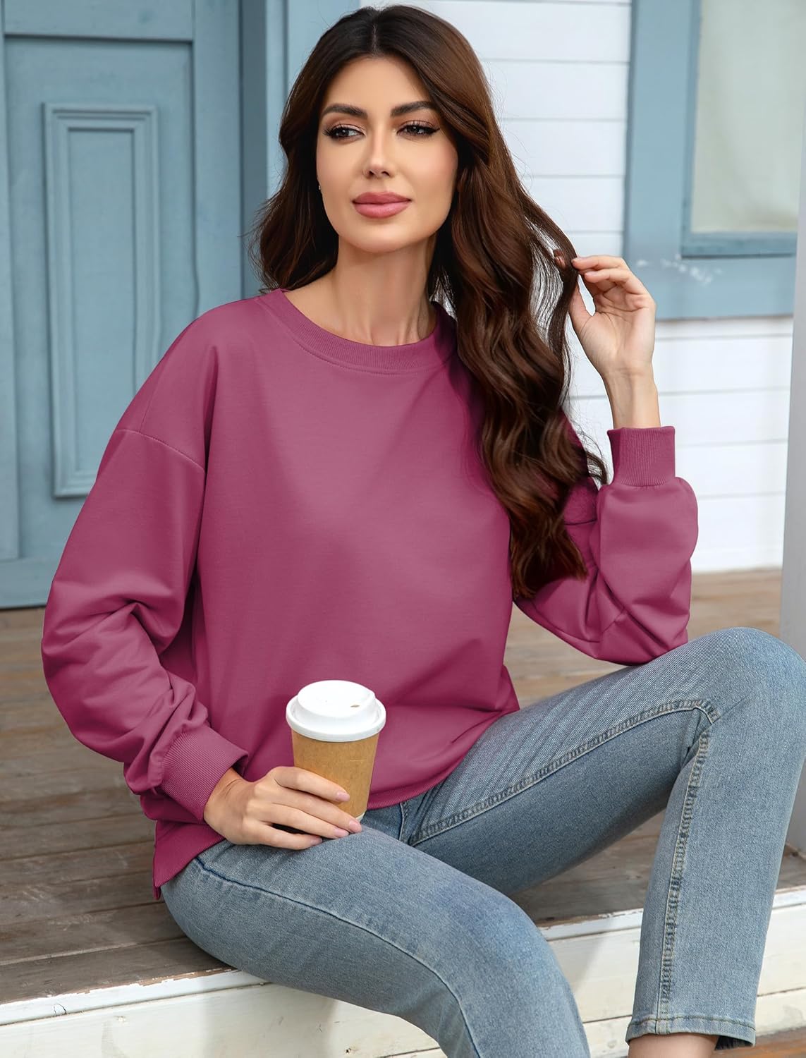 Womens Crewneck Sweatshirts Fashion Lightweight Sweatshirt Casual Long Sleeve Pullovers With Pockets - Image 6