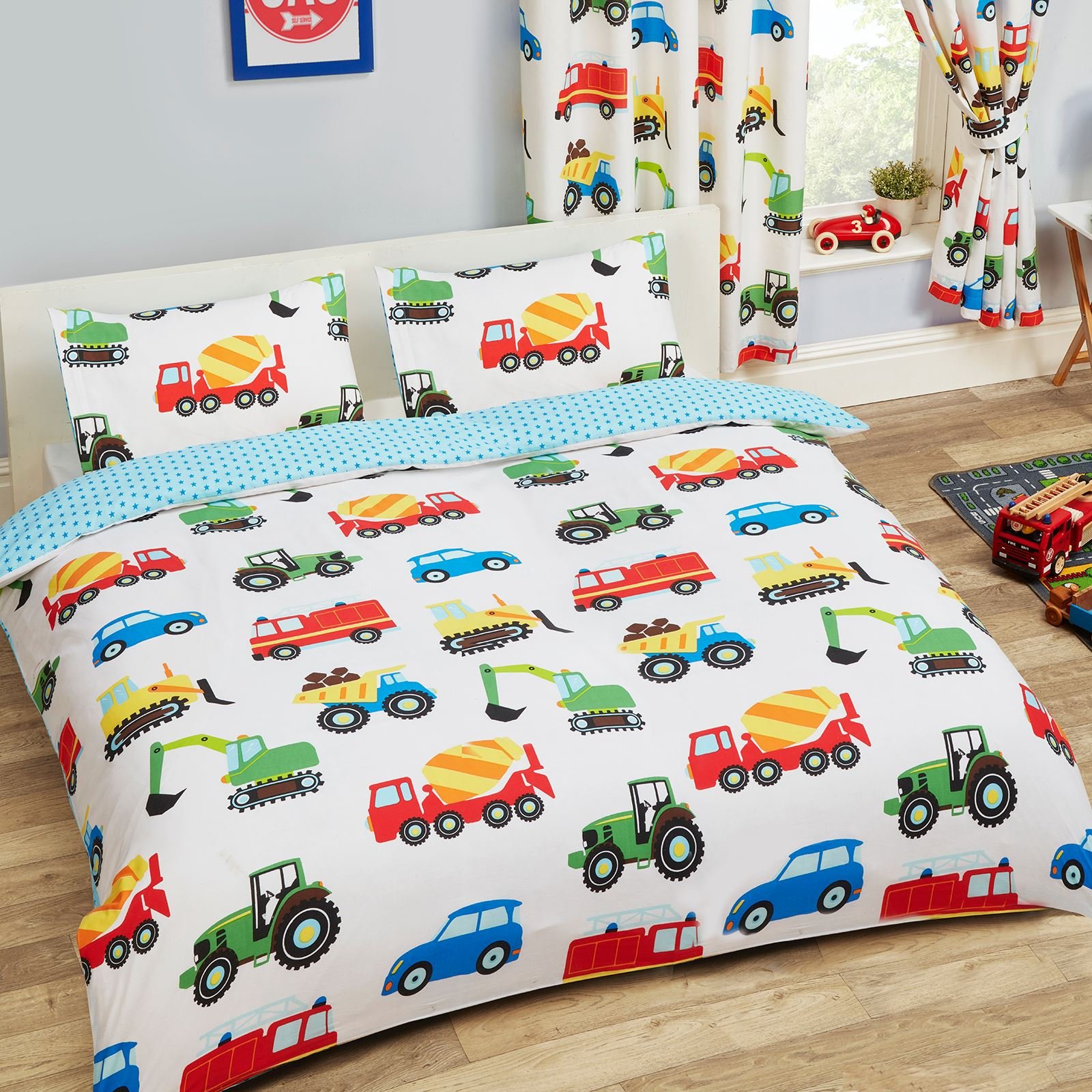 PriceRightHome, set copripiumino e federa per letto matrimoniale, motivo con camion e mezzi di trasporto