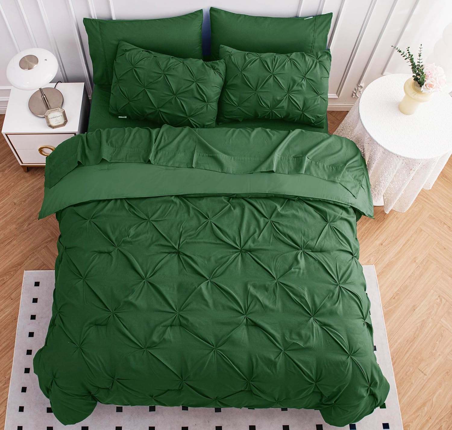 Queen Size Comforter Set – 7 Pc All in One, Bed in a Bag - Featuring Modern Pintuck Stitch Design - Includes Comforter, 2 Pillowcases, 2 Shams, Flat & Fitted Sheet - Apartment Essentials - Olive Green | Apartment ready, Textured bed look, Light comfort, Breathable softness, Easy setup