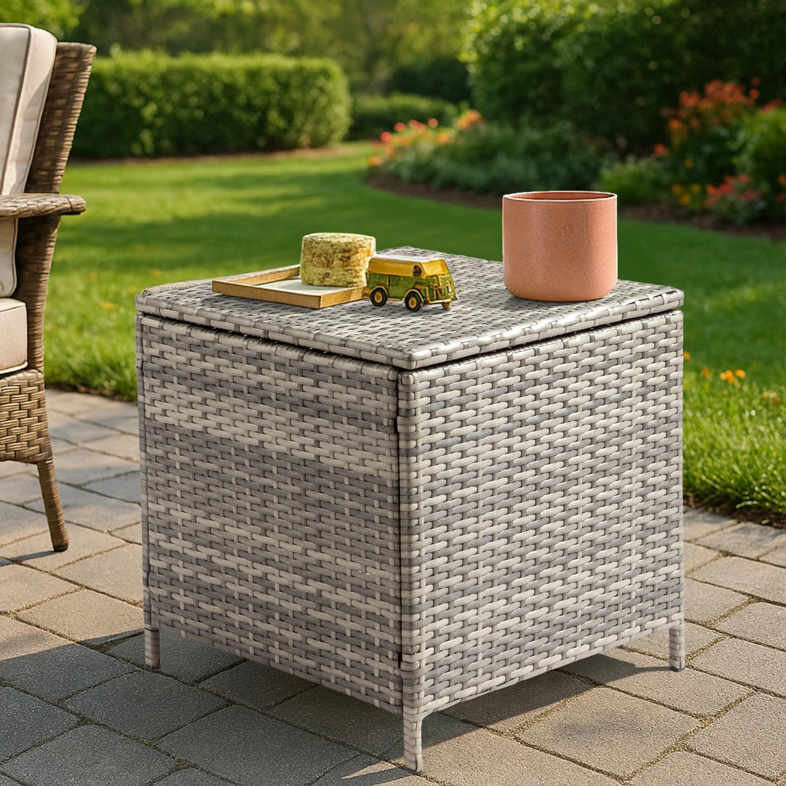 VINGLI Outdoor Side Table with Storage, 27-Gallon Patio Deck Box Outdoor Wicker Side Table for Poolside Balcony Storage Table (Grey, Square)
