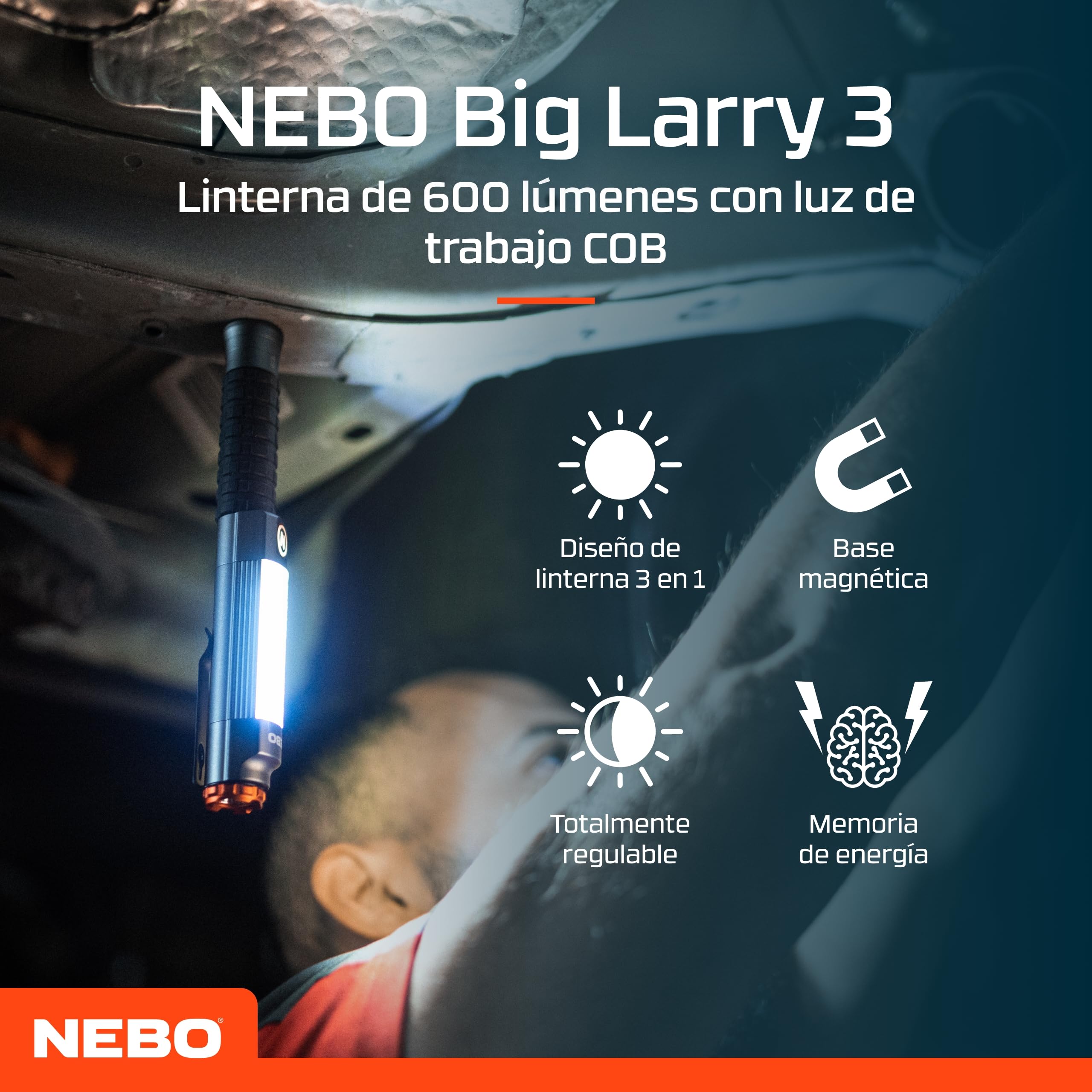 NEBO Big Larry 3 Black Line Luz de Trabajo – 600 Lm COB + 220 Lm Linterna | 7 Modos | Rojo Emergencia | Base Magnética | Clip Acero | Atenuable | Direct-to-Red | IPX4 | 3x AA