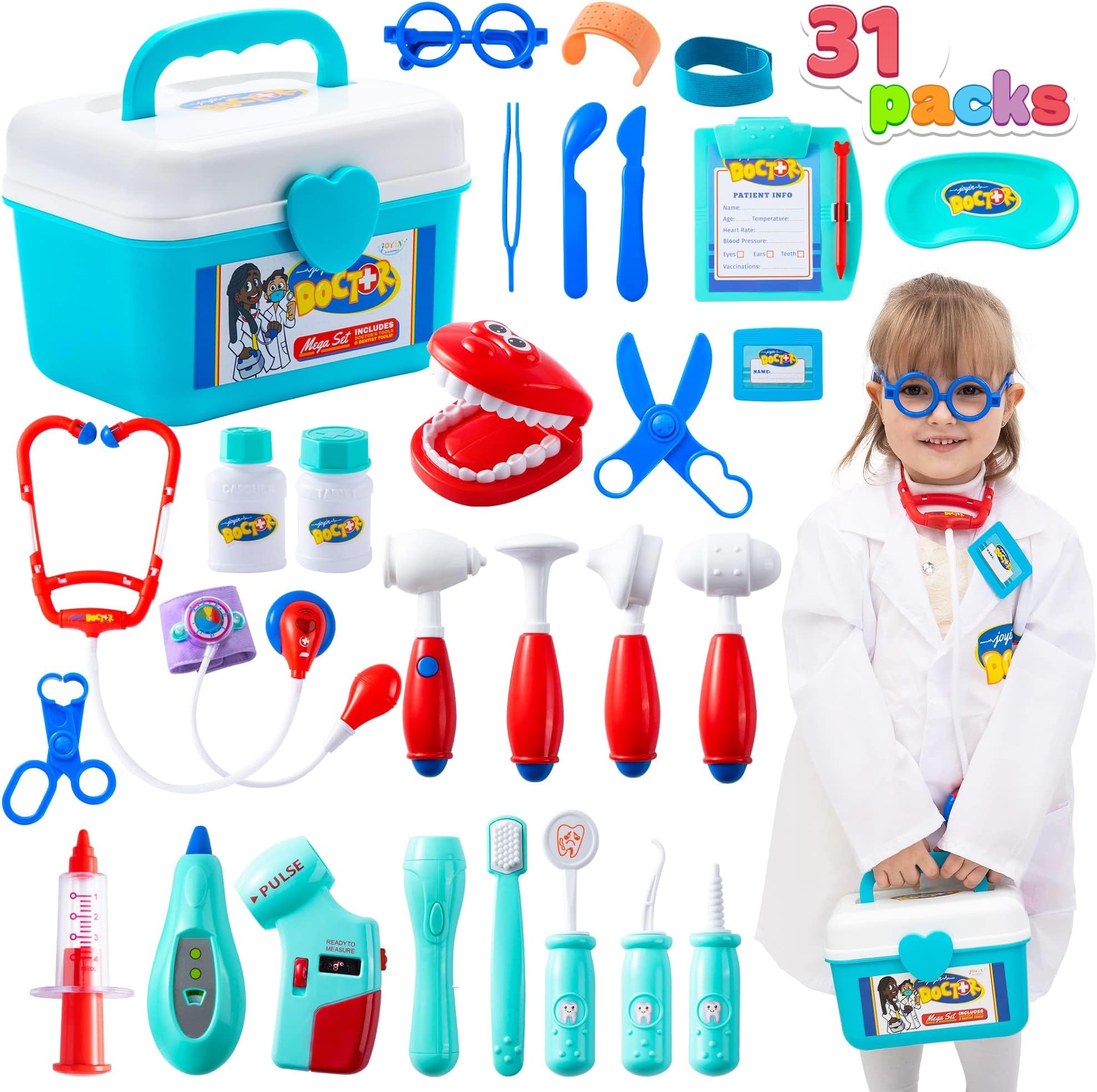 JOYINKids Doctor Kit 31 Pieces Pretend-n-Play Dentist Medical Kit with Electronic Stethoscope and Coat for Kids Holiday Gifts, School Classroom and Doctor Roleplay Costume Dress-Up.