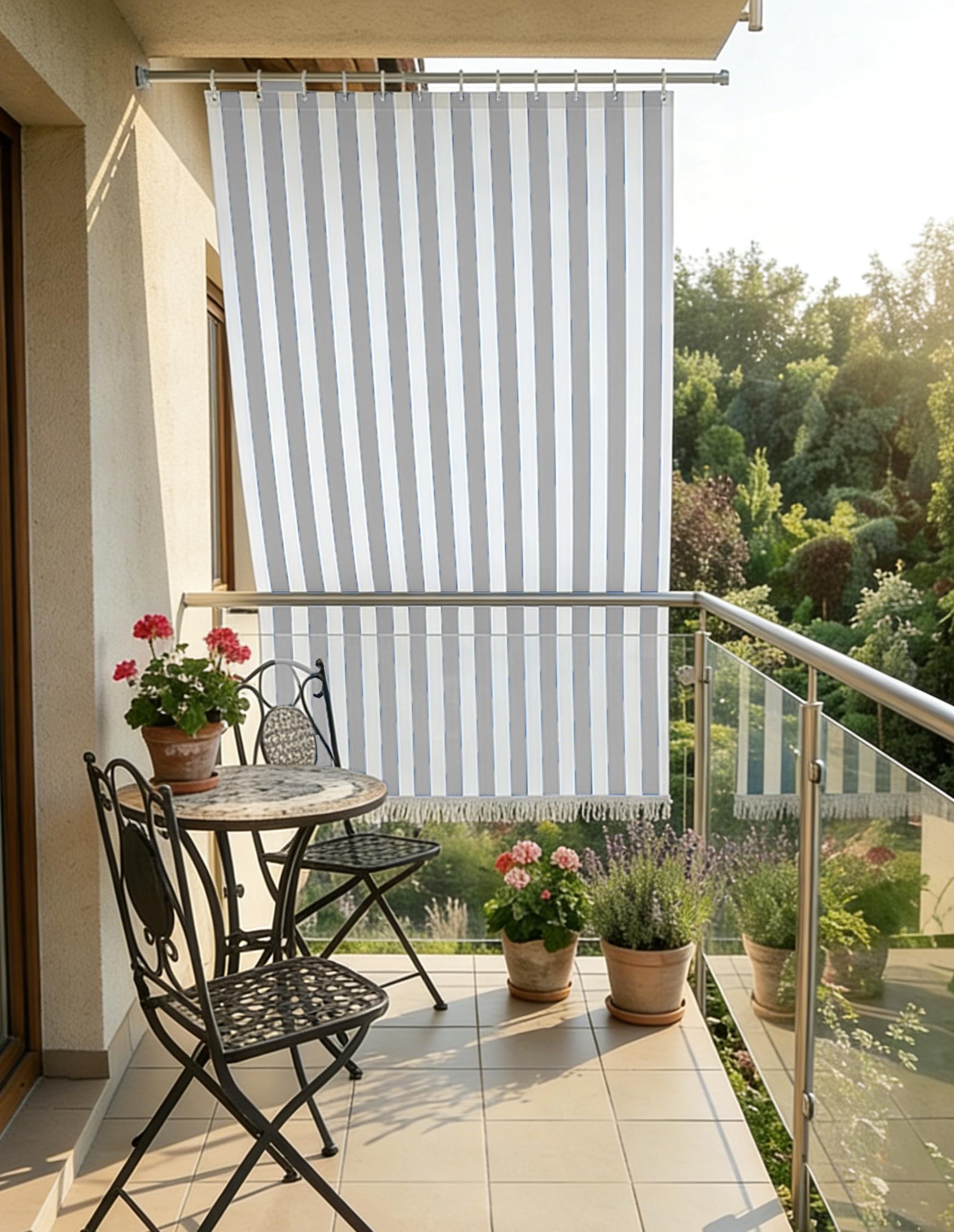 Rivers Rideau de soleil à rayures pour balcon et fenêtre extérieur, polyester léger, filtre la lumière solaire, différentes tailles de couleurs, avec franges et anneaux en plastique, 1 145 x 290 cm,