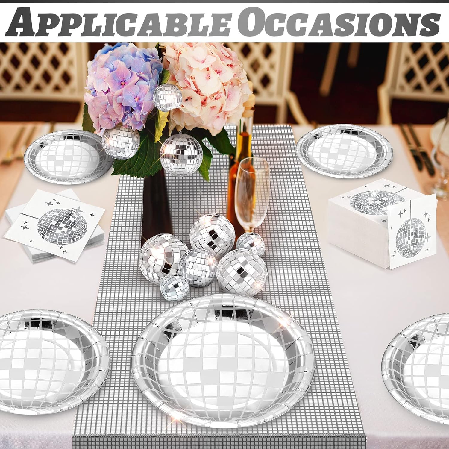 Marsui 121 Pcs 70s 80s Disco Ball Party Decorations Disposable Paper Plates Napkins Cups Bachelorette Silver Balls Tableware Set for Wedding Cocktail Birthday Dancing Queen Party(Silver) - Image 7