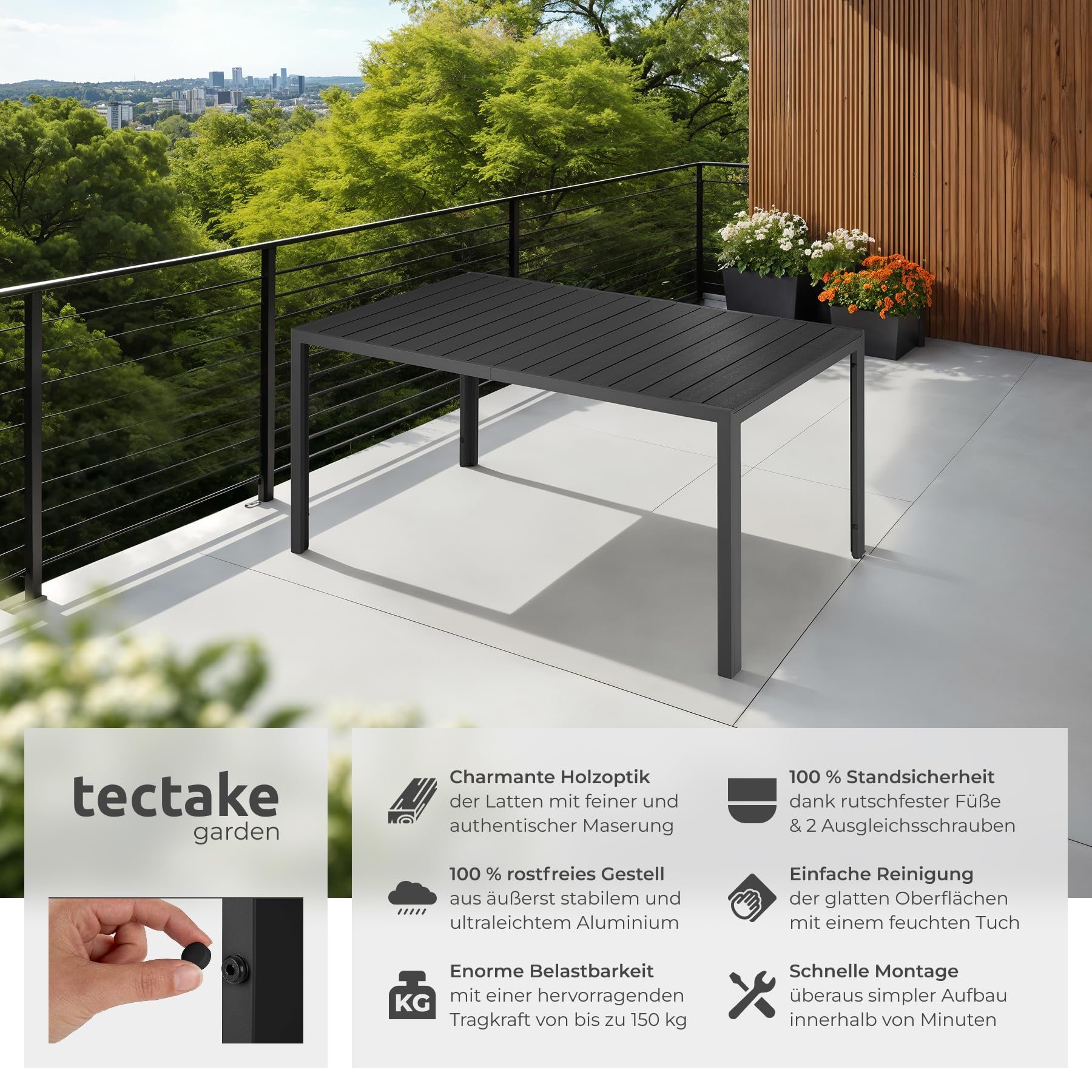 tectake® Gartentisch, outdoor Esstisch, Balkontisch in Holz Optik, Terrassentisch mit Aluminiumrahmen, Gartenmöbel wetterfest, 150 x 90 x 74,5cm, Tisch für Garten, Lounge, Sitzgruppe - schwarz/schwarz