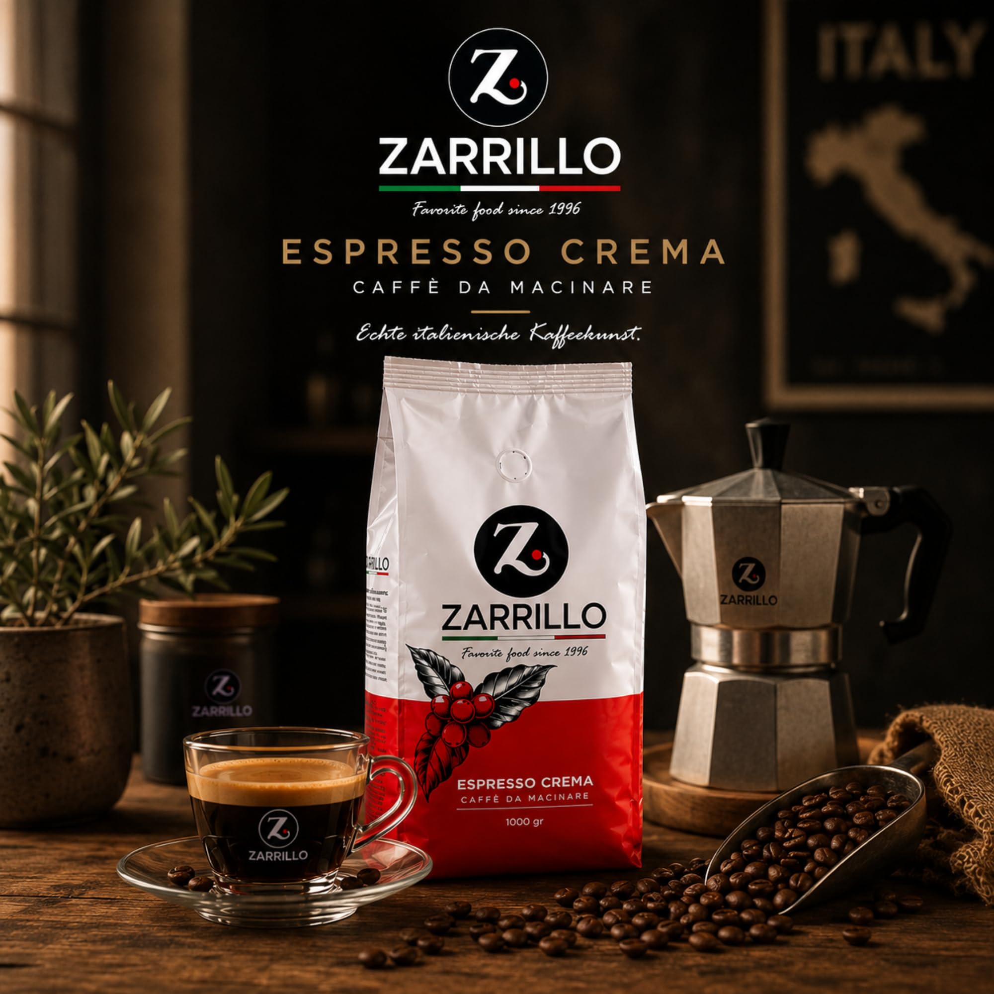 ZARRILLO Italienische Espresso Kaffeebohnen, Arabica und Robusta, für Vollautomaten & Siebträgermaschinen, Kräftige Crema, Mittlere Röstung (1 kg (6er Pack))