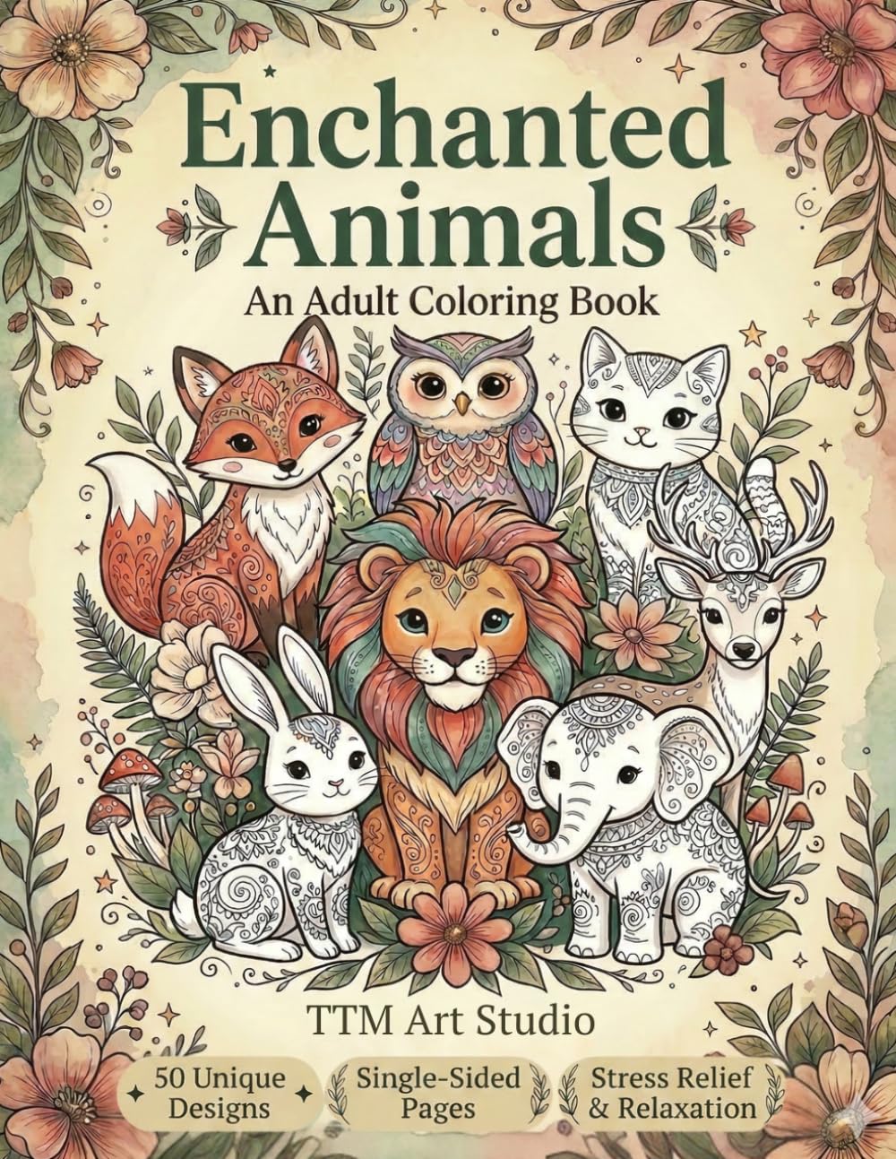Enchanted Animals: An Adult Coloring Book with 50 Unique Cute Animal Designs for Stress Relief and Relaxation