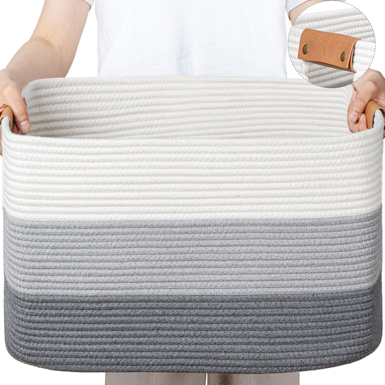 danpinera Large Woven Basket 25’’*16’’*16’’ 108L Woven Baskets for storage Baby Laundry Hamper, Cotton Rope Boho Decorative Storage Bin for Living Room, Nursery, Clothes, Pillows Gradient Grey Gradient Grey 108L