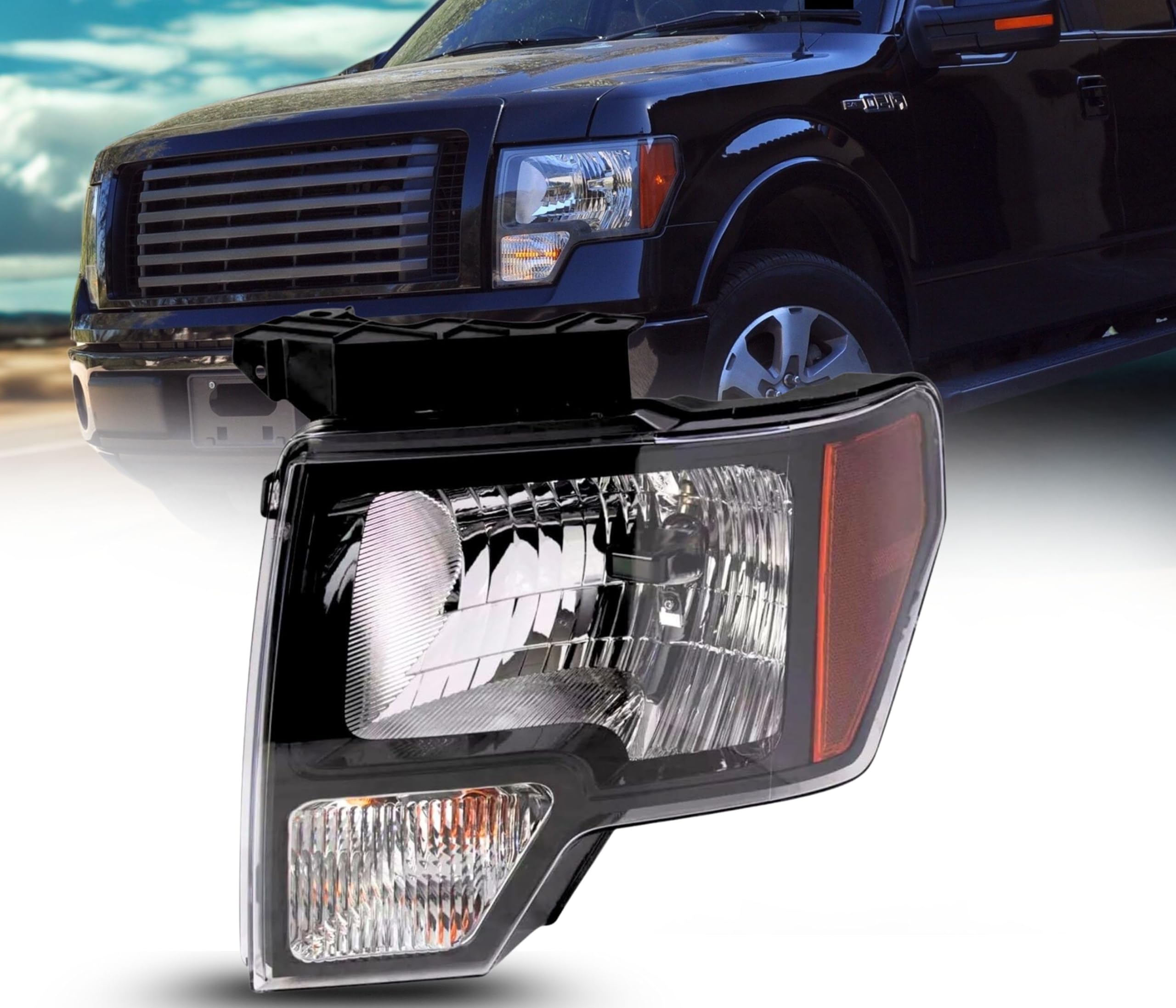 Headlamp Replacement For Ford F-150 2009-2014 Halogen Headlight Assembly Set With Bulbs, Left/Driver Side, Black Housing, FO2502287 / DL3Z 13008 EB DOT/SAE Compliant