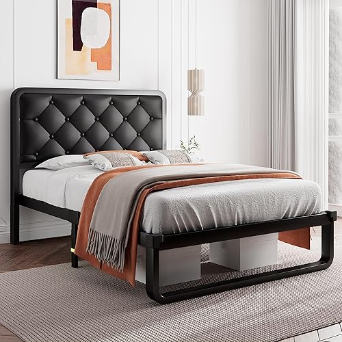 iPormis Twin Size Metal Bed Frame with Faux Leather Headboard, Curved Platform Bed Frame, Thicker Metal Steel Slats Support, 12'' Under-Bed Space, Noise-Free, Easy Assembly, Black