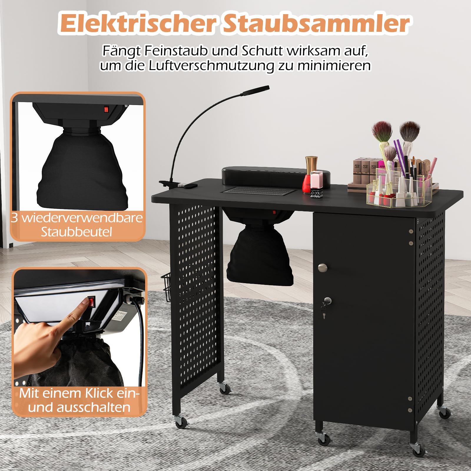 GOPLUS Nageltisch mit 6 Rollen, Maniküre Tisch mit Staubbeuteln & Verstellbares Licht mit Clip & Abnehmbarer Kasten & Metallkorb & Tür & 4 Schubladen, Nagelfrisiertisch, 90 x 45 x 78,5 cm