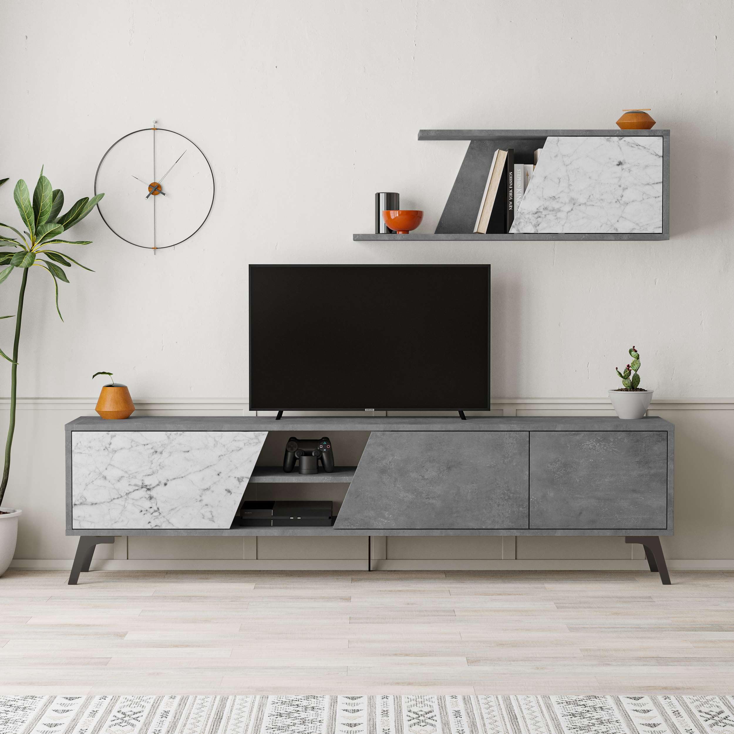 Totò Piccinni Parete Tv LOFT Porta TV mobile salotto multiuso composizione soggiorno 180x35,6 (Cemento/Carrara)