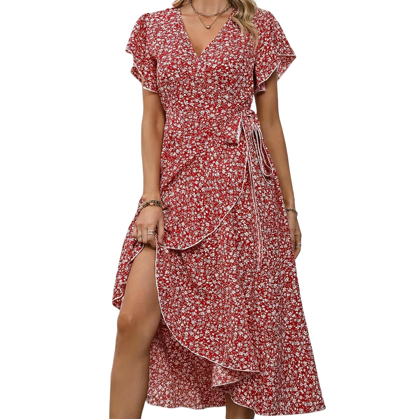 Abito Donna Invernale Abiti Estivi per Donne Sexy A V Maniche Corta Manica Irregolare in Alto Vestito con Stampa Floreale da Spiaggia Casual-Rosa-m