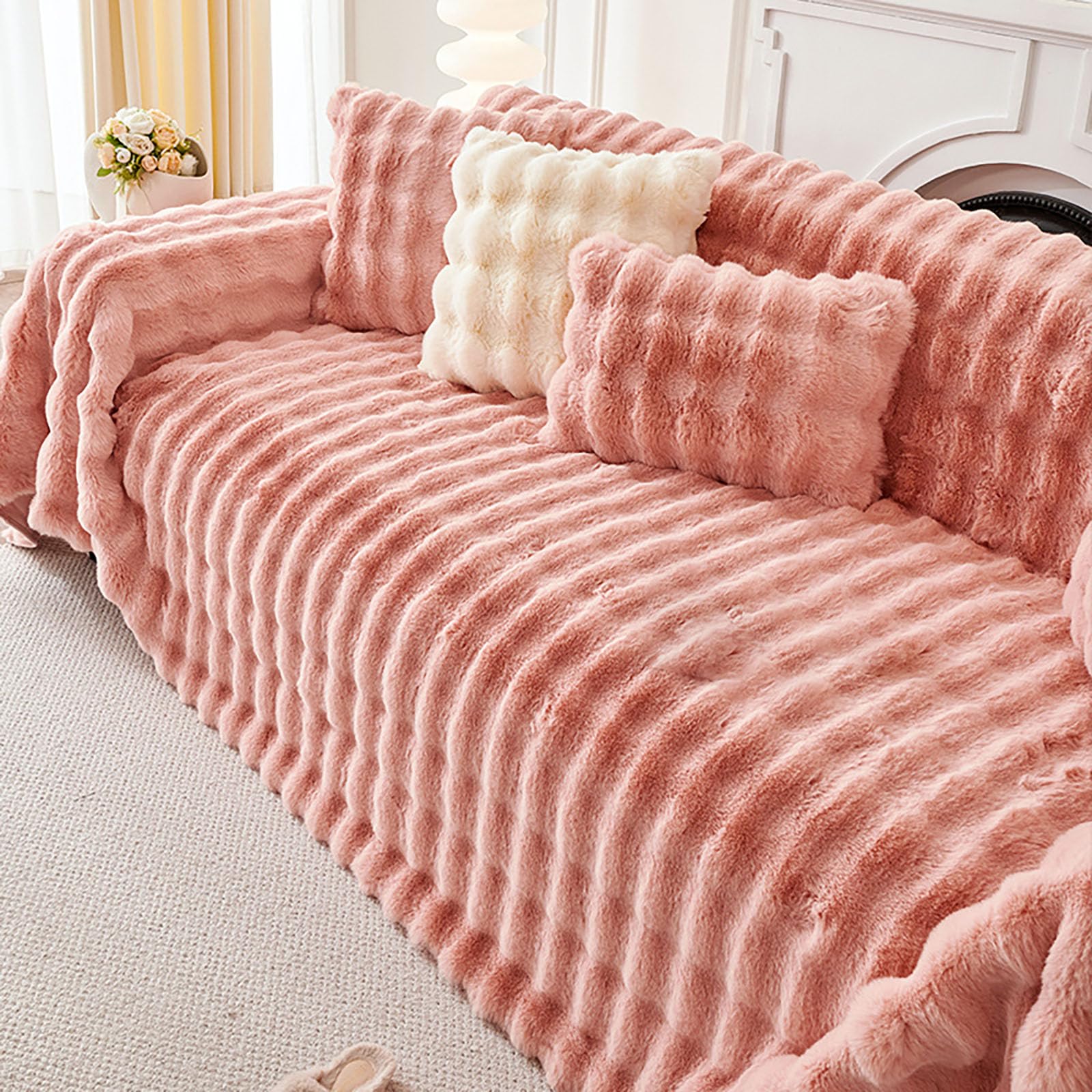 Housse de canapé en forme de L rose 180x280 cm lavable en peluche pour décoration d hiver d angle