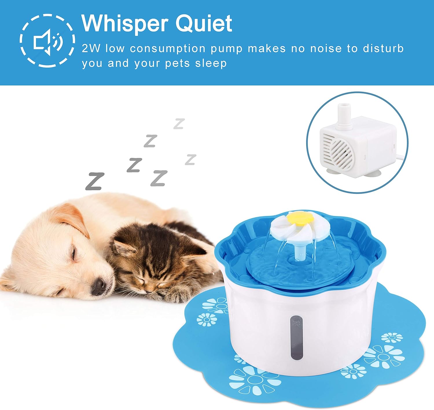Cat Water Fountain, 2.6L/88oz Pet Water Fountain Super Quiet Automatic Drinking Water Fountain for Cats with 2 Replacement Filters Healthy Hygienic Fresh Water Drinking Bowl for Cats,Dogs (Blue)