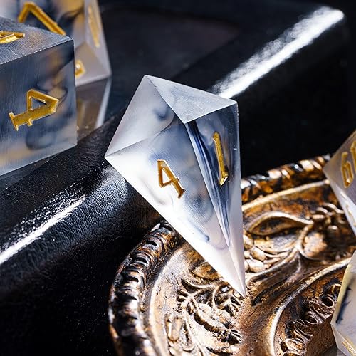 Miniatura 2 de Cusdie Dados DND de bordes afilados esmerilados, 7 dados D&D, juego de dados poliédricos hechos a mano, para juegos de rol MTG Pathfinder (negro)