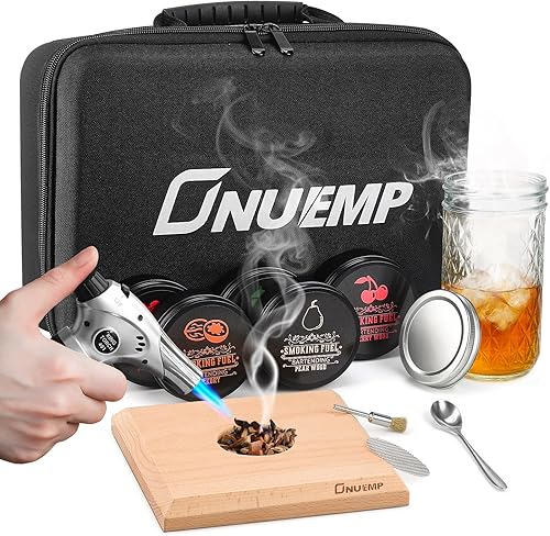 ONUEMP Kit de ahumador de cóctel con antorcha, kit de ahumador antiguo con chips de madera de 5 sabores, infusor de bebidas, parte superior de humo,