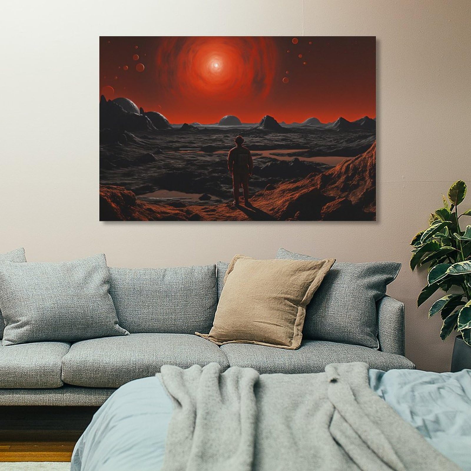 Inquietante spazio deserto tela Wall Art per camera da letto Red Sun Fantascienza Fantasy Wall Decor Poster per camera estetica