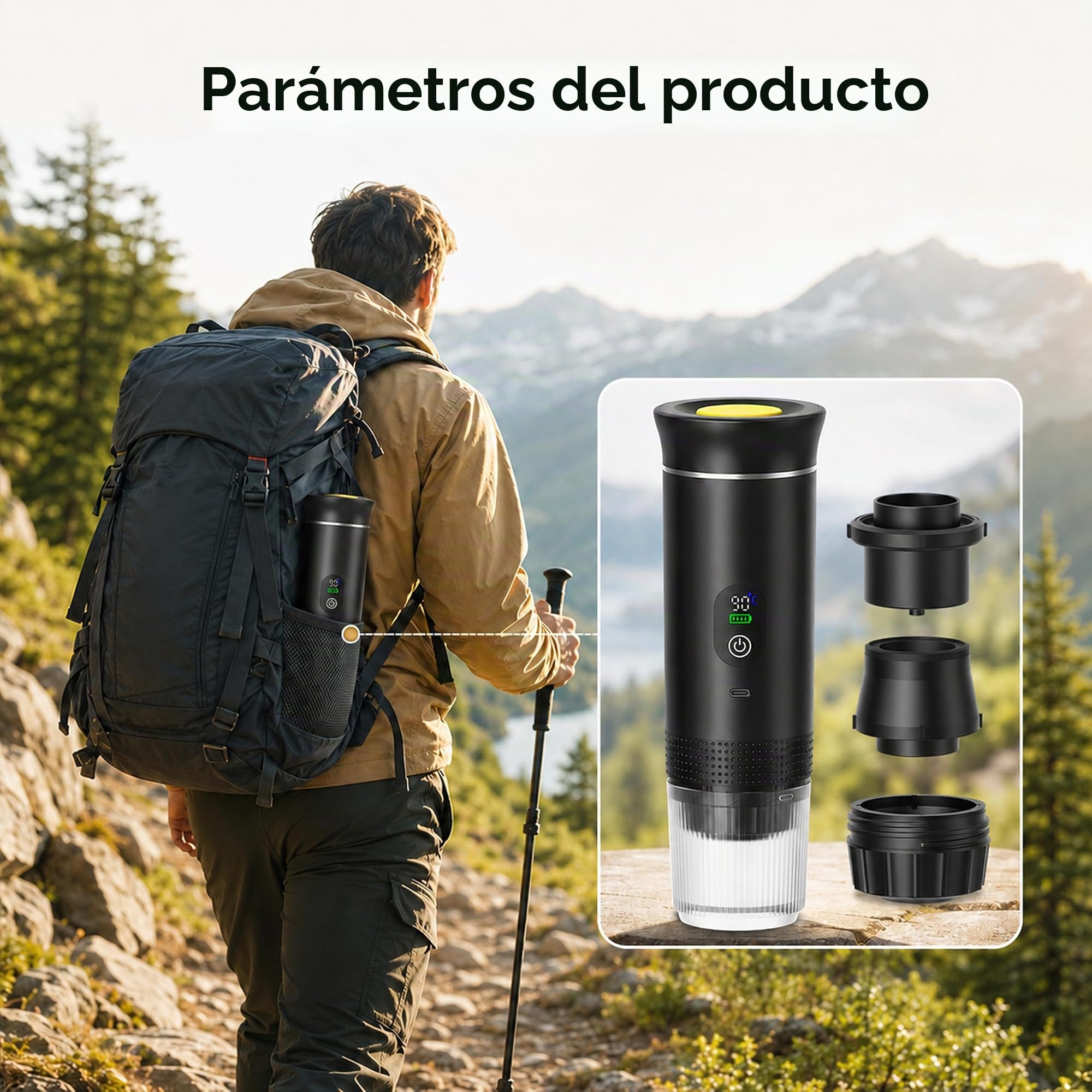 Cafetera portátil eléctrica con pantalla digital, cafetera de viaje compacta, negro