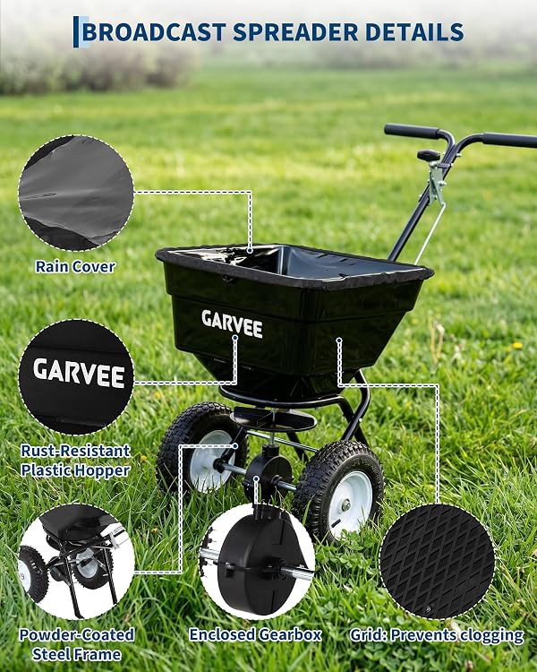 Garvee 100LBS Push Broadcast Spreader, 12FT Spreading Width, 13in All-Terrain Wheels, Adjustable Flow Control, Heavy Duty Walk Behind Lawn Spreader for Fertilizer, Grass Seed, Ice Melt, Salt by Garvee - Image 2
