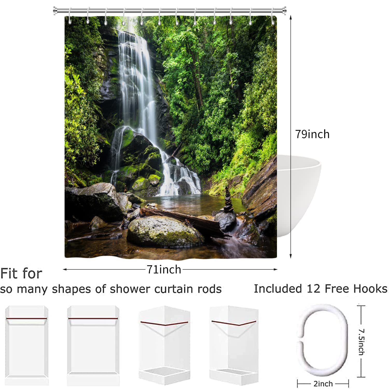 Hnmdmyi Rideau De Douche Forêt Tropicale 180x200cm - Jungle Verte Avec Arbres Et Soleil, Imperméable Et Lavable Rideau Salle De Bain Nature Paysage 3D