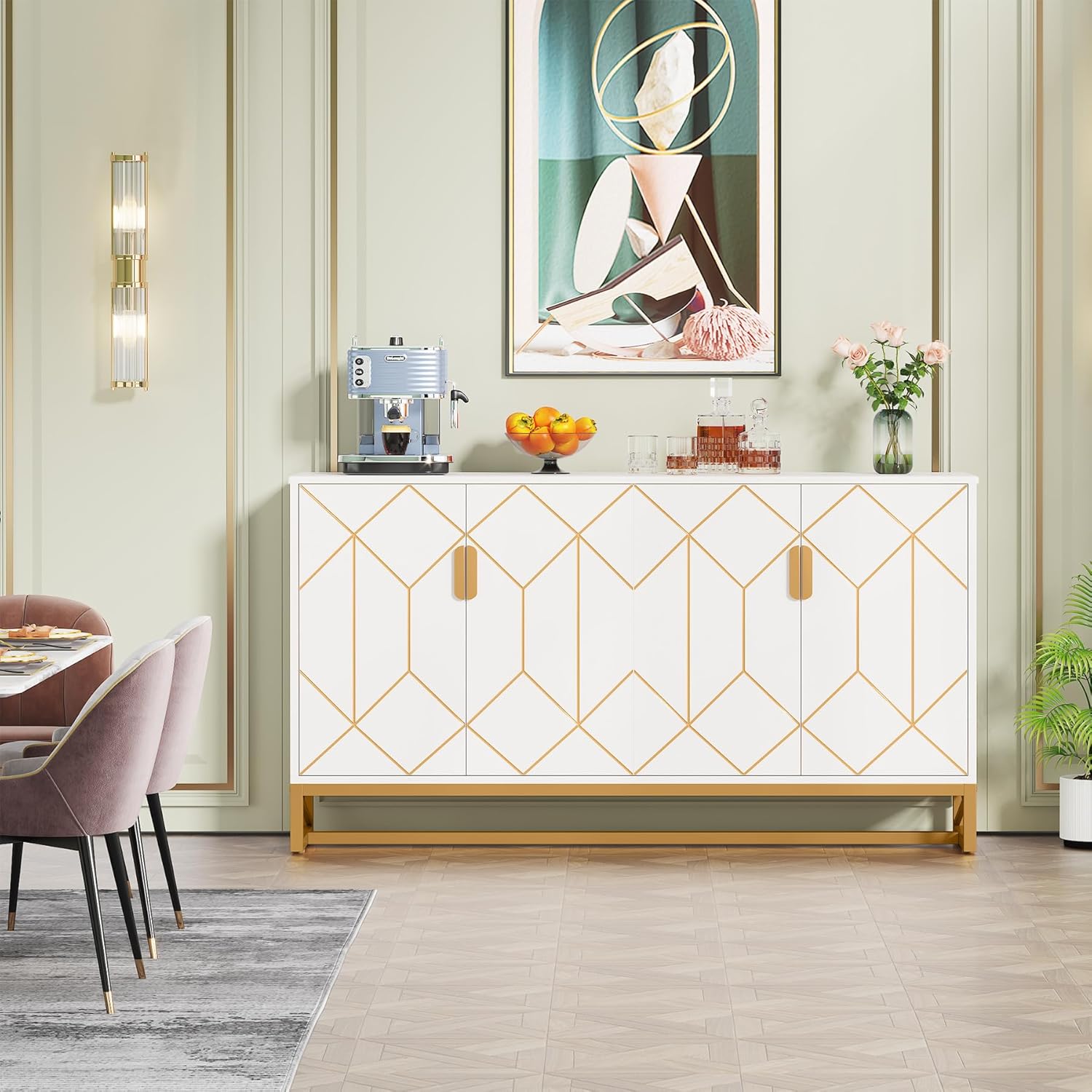 Tribesigns 59" Sideboard Buffet Cabinet with Storage, White and Gold with 4 Doors, Modern Metal and Wood Coffee Bar Cabinet for Kitchen Dining Room Living Room Entryway
