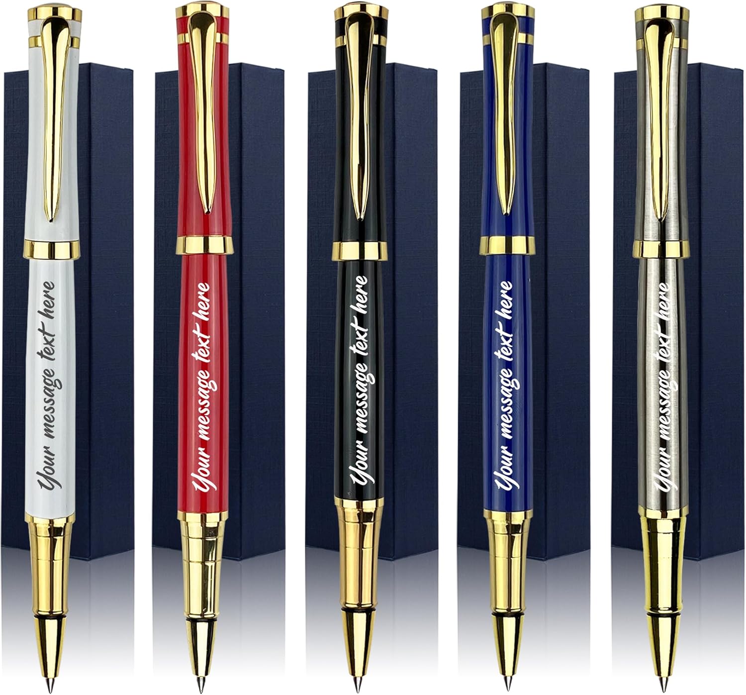 Ancolo Custom Pens Office Gift Set with 5 Gfit Box 10 extra Black Refills Metal Body Engraved with Your Message Personal Names Phone Number, Gift for Business Office Colleague Friends