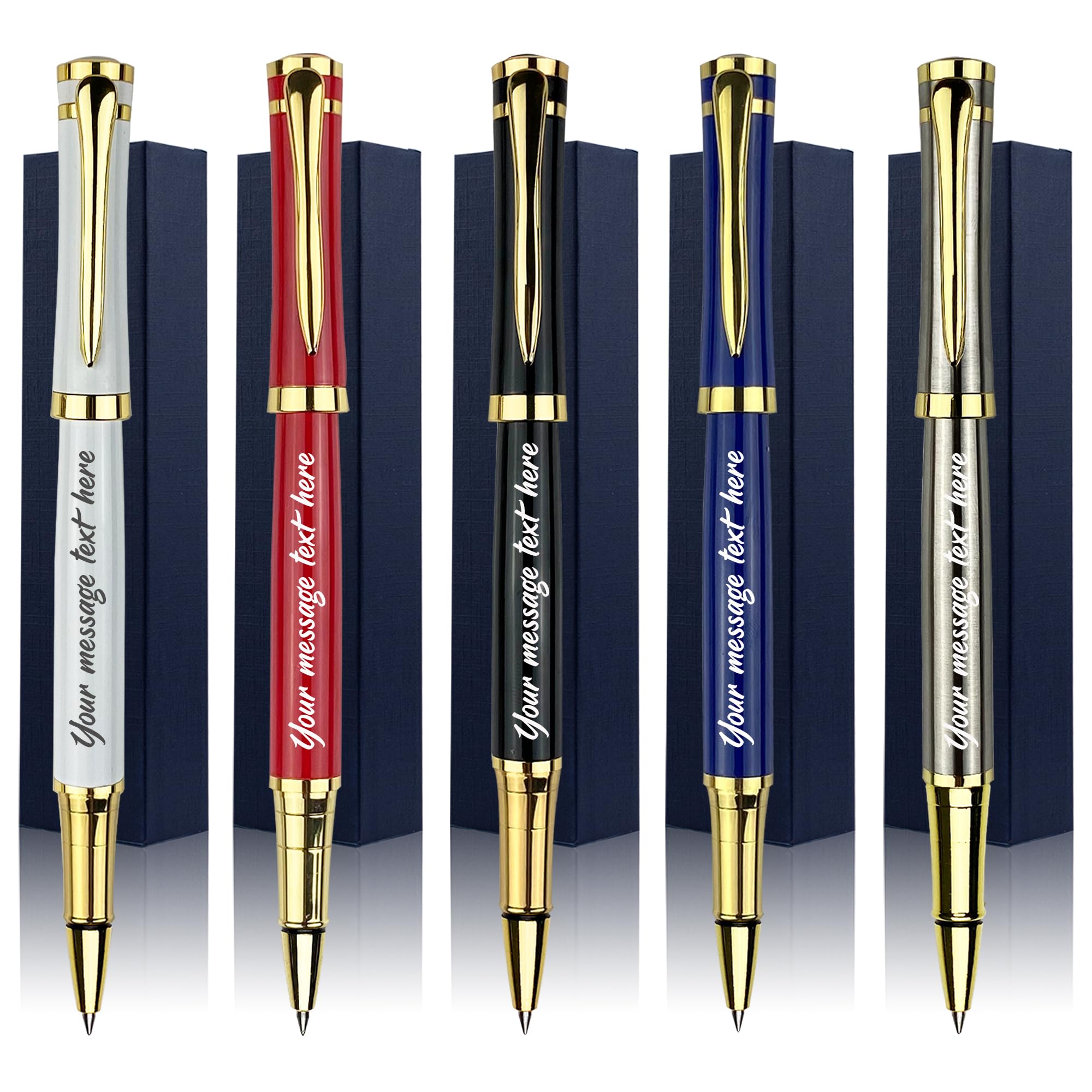 Ancolo Custom Pens Office Gift Set with 5 Gfit Box 10 extra Black Refills Metal Body Engraved with Your Message Personal Names Phone Number, Gift for