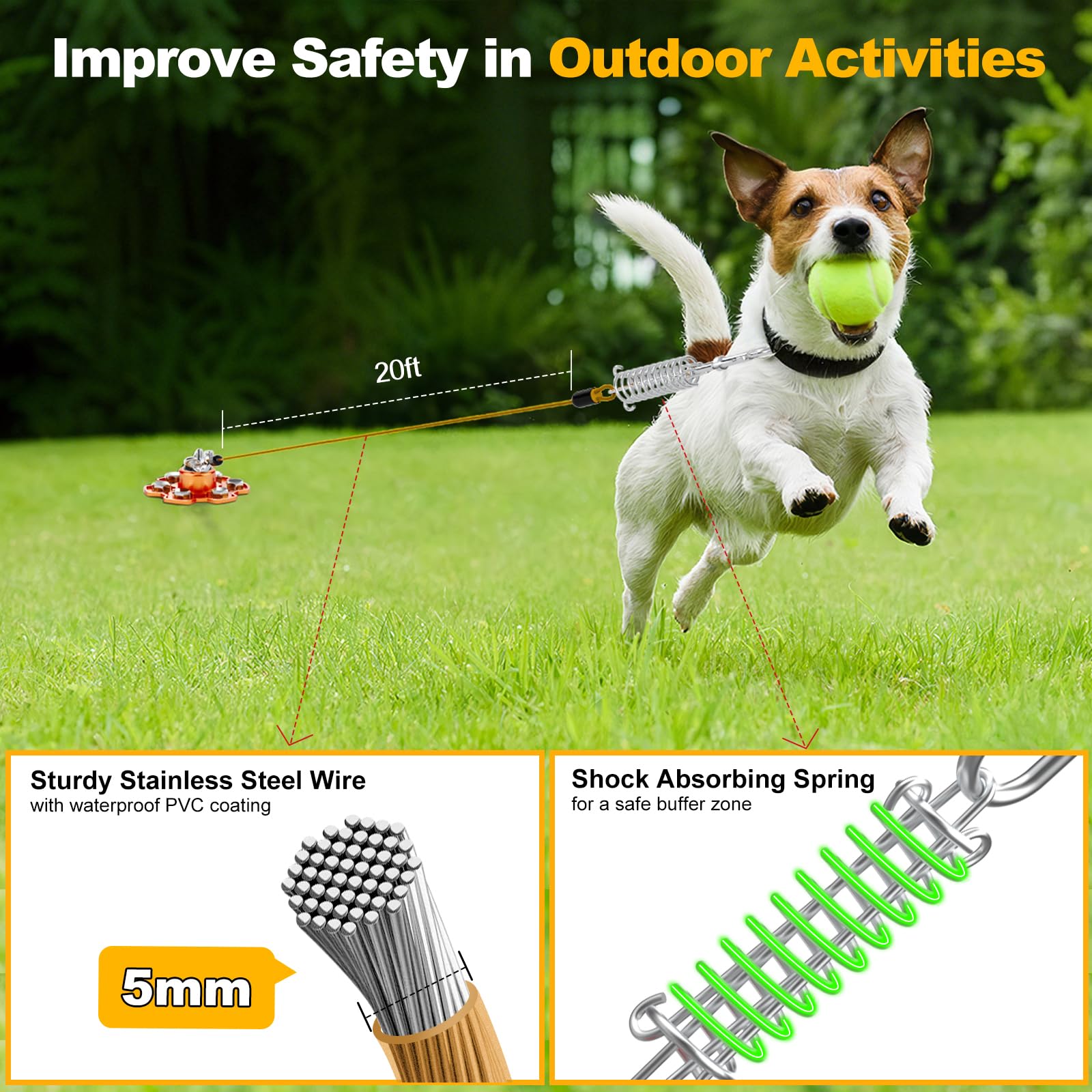 Estaca y Cable Giratorias 360° Perro, Estaca Resistente Correa Patio Soporta 180 Libras Fuerza Tracción con 20 Pies Cable de Amarre, Corredor Perro para Patio Campamento Aire Libre, Naranja